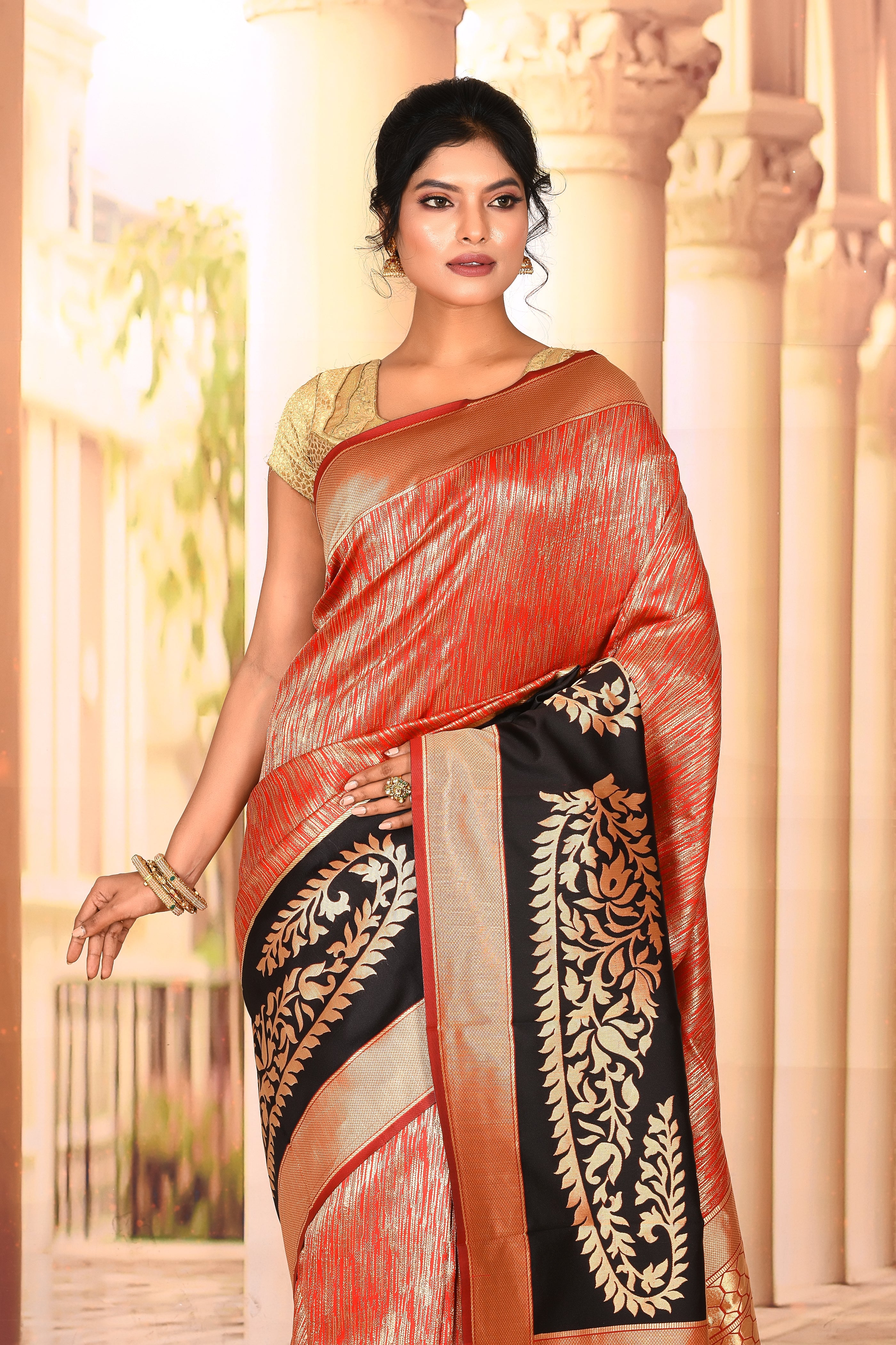 Red Golden Semi Silk Saree - Keya Seth Exclusive