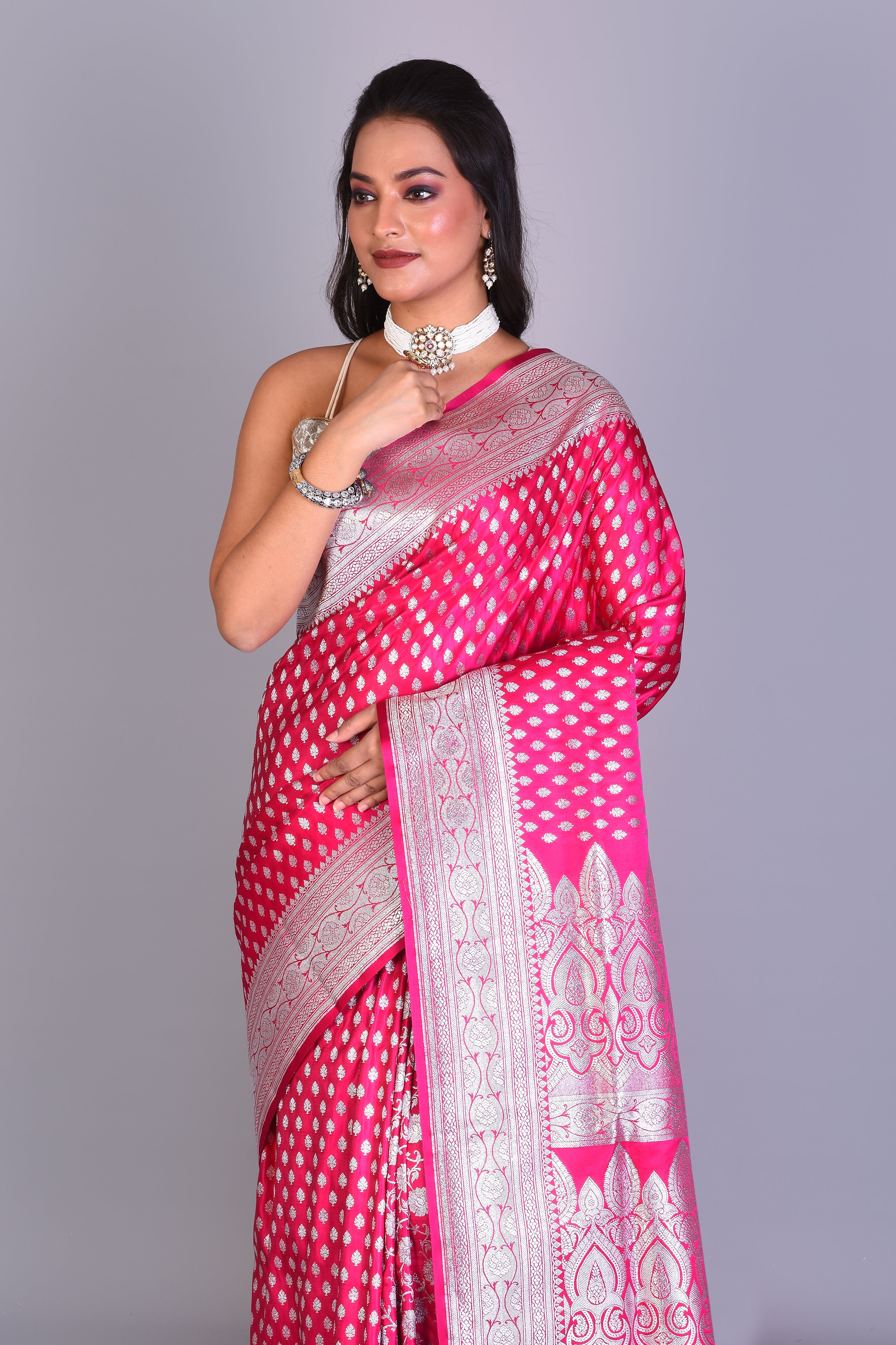 Deep Pink Patli Pallu Banarasi Saree with Blouse Piece - Keya Seth Exclusive