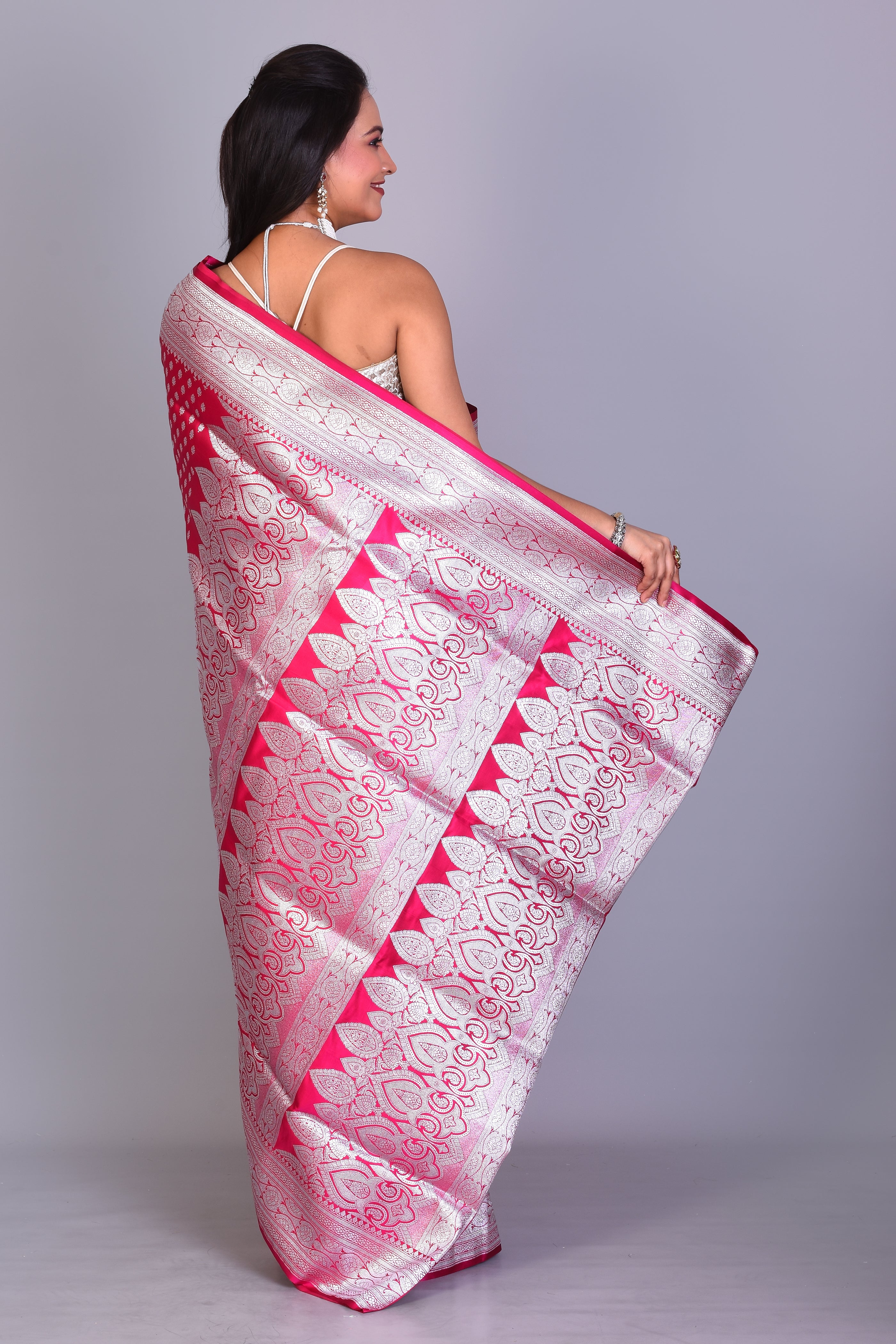 Deep Pink Patli Pallu Banarasi Saree with Blouse Piece - Keya Seth Exclusive