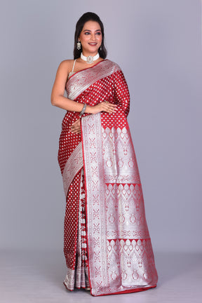 Deep Red Patli Pallu Banarasi Saree with Blouse Piece - Keya Seth Exclusive