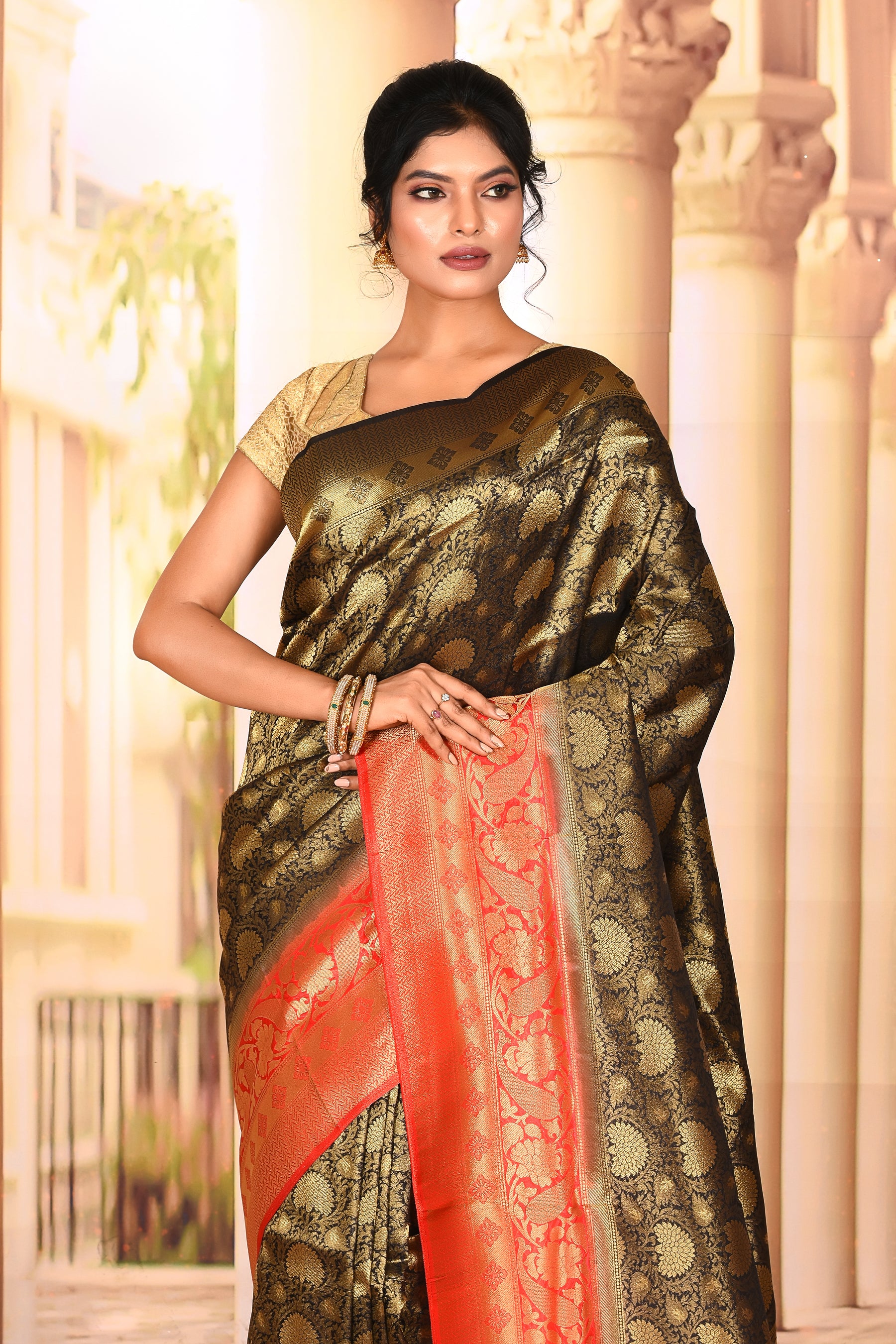 Black Red Semi Silk Saree - Keya Seth Exclusive