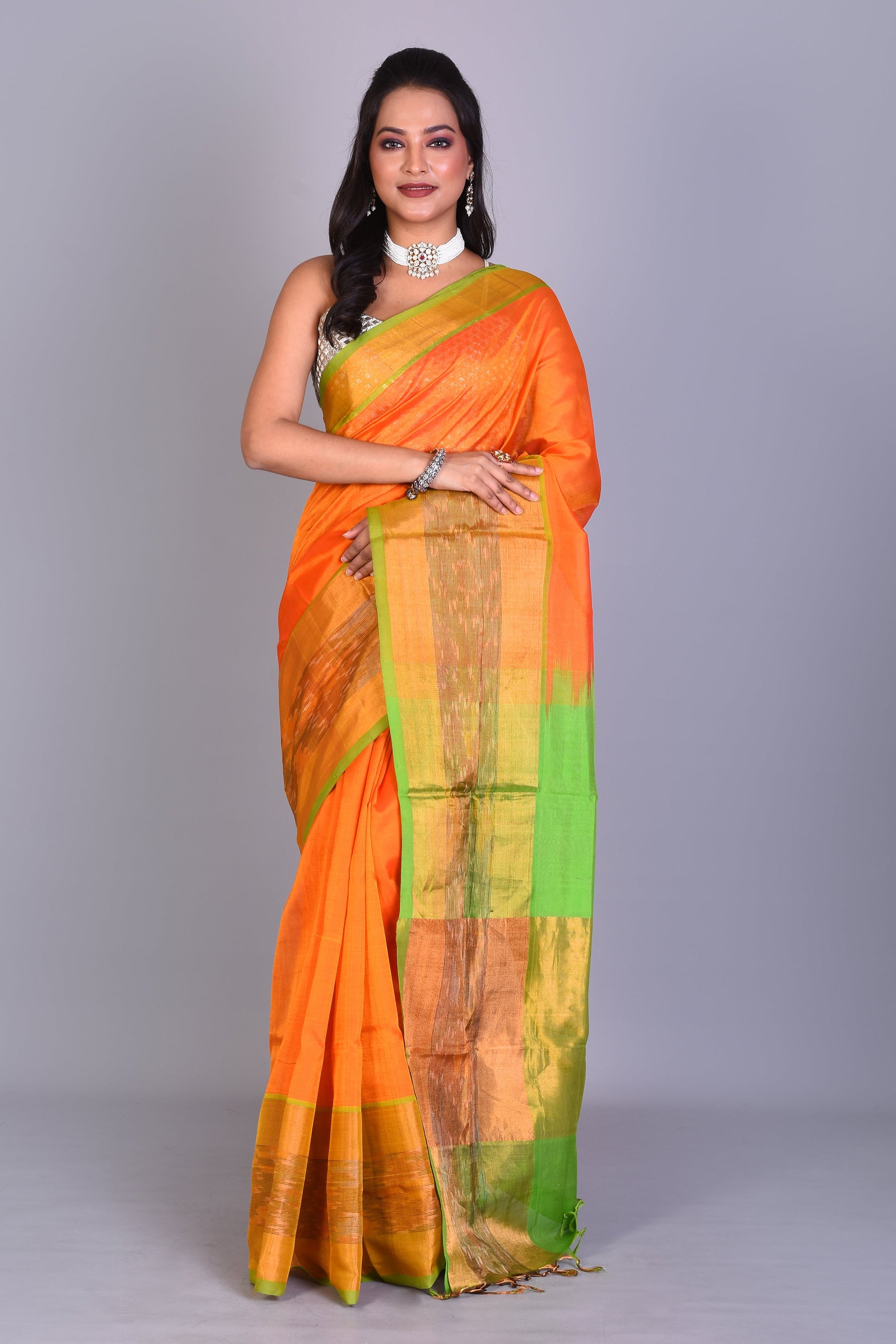 Orange Blended Silk Saree with Blouse Piece - Keya Seth Exclusive