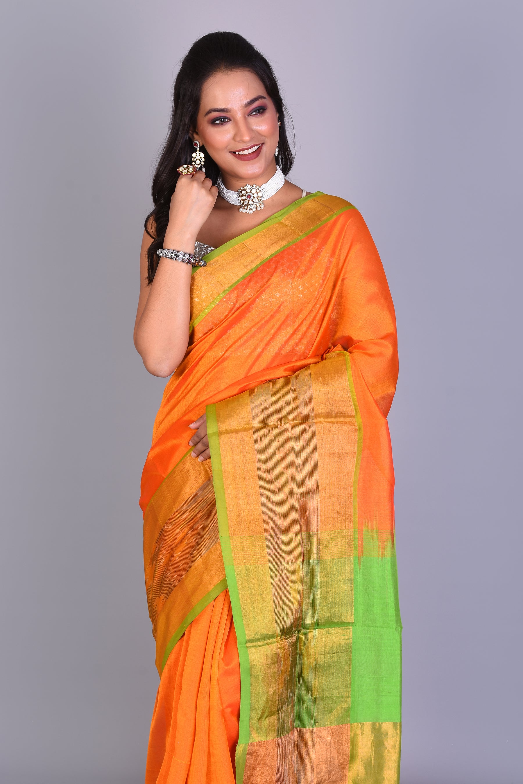 Orange Blended Silk Saree with Blouse Piece - Keya Seth Exclusive