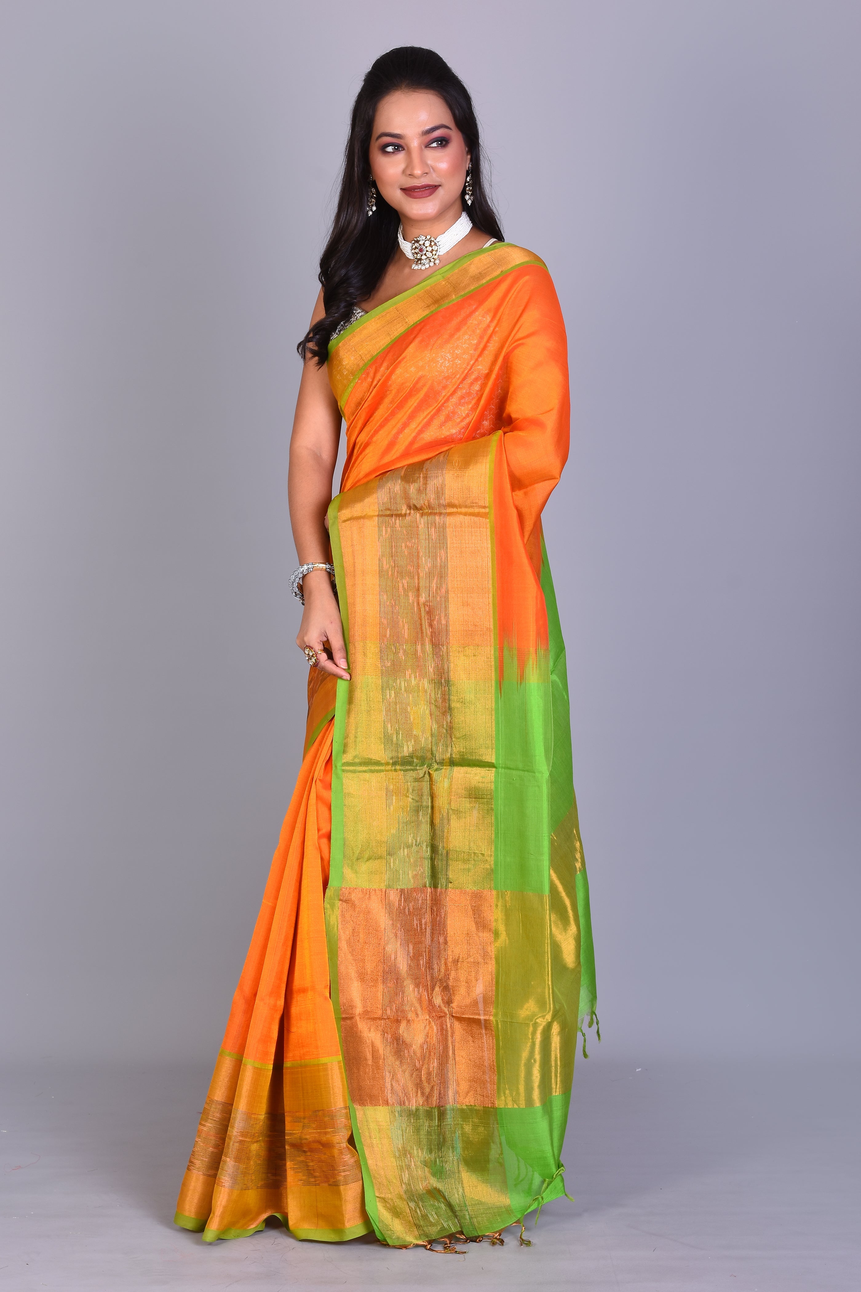 Orange Blended Silk Saree with Blouse Piece - Keya Seth Exclusive