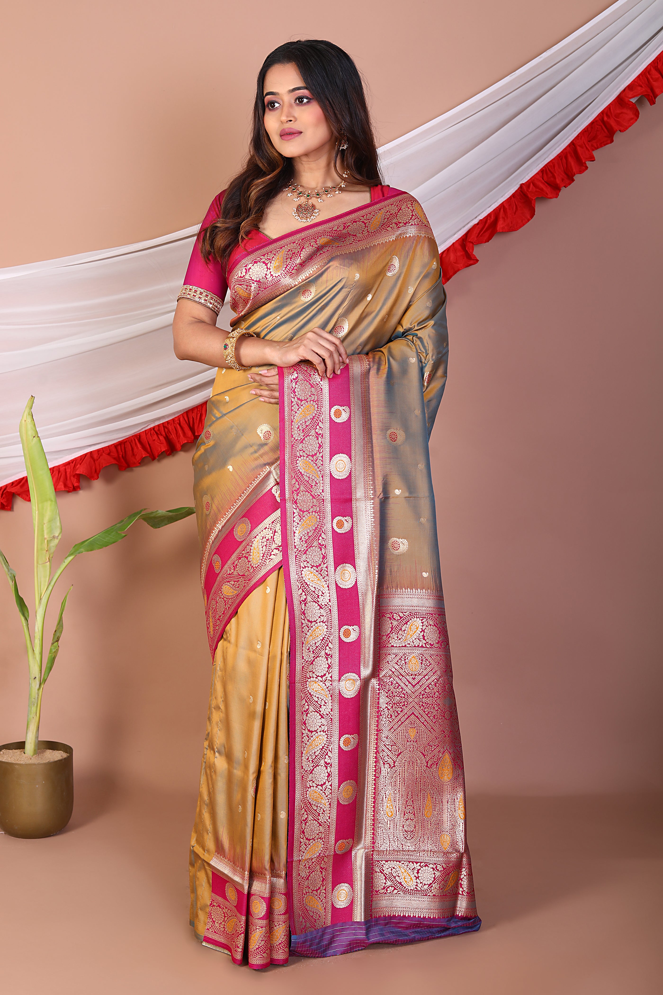 Dual Tone Mustard Blended Mashru Silk Saree - Keya Seth Exclusive