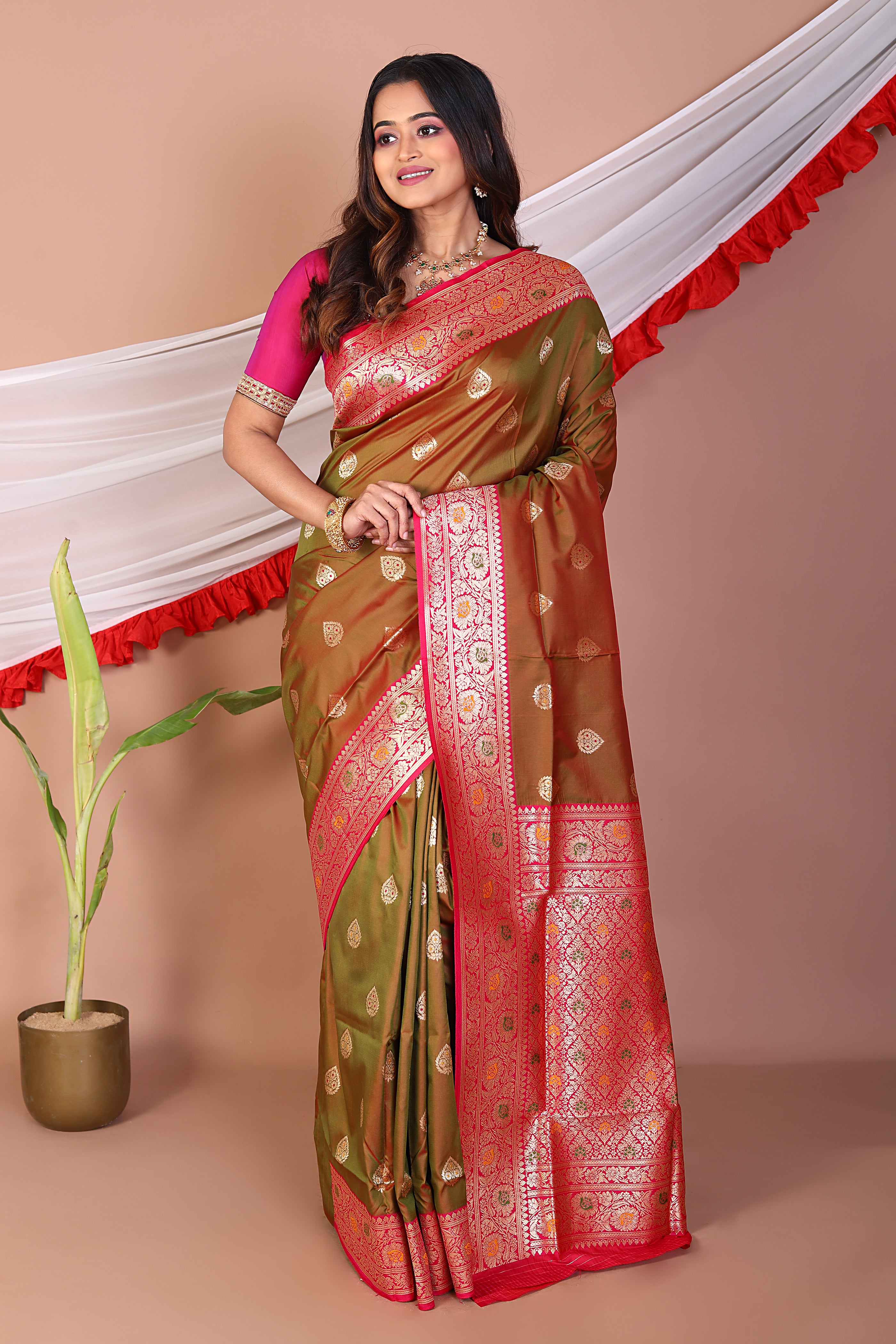 Olive Blended Mashru Silk Saree - Keya Seth Exclusive