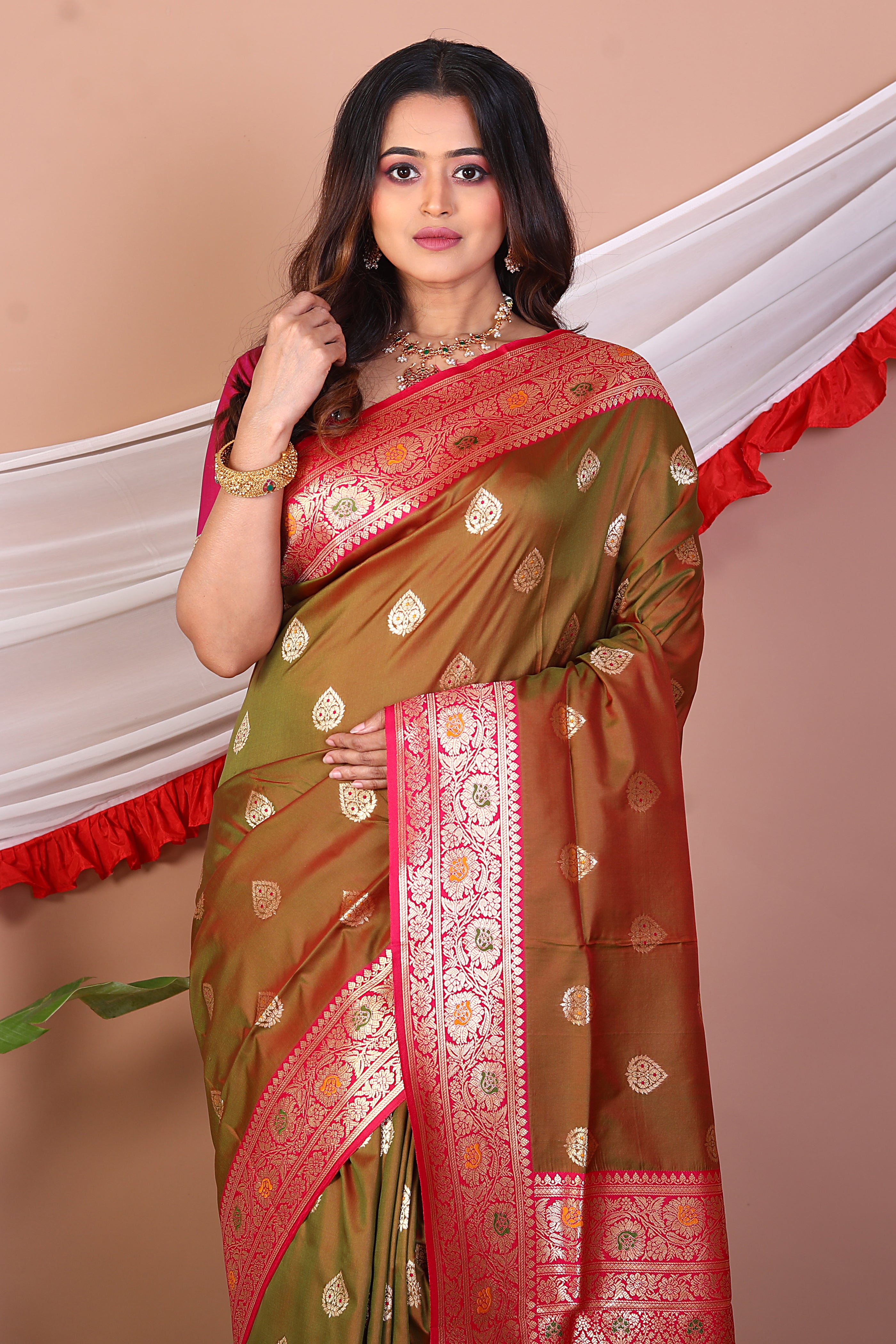 Olive Blended Mashru Silk Saree - Keya Seth Exclusive