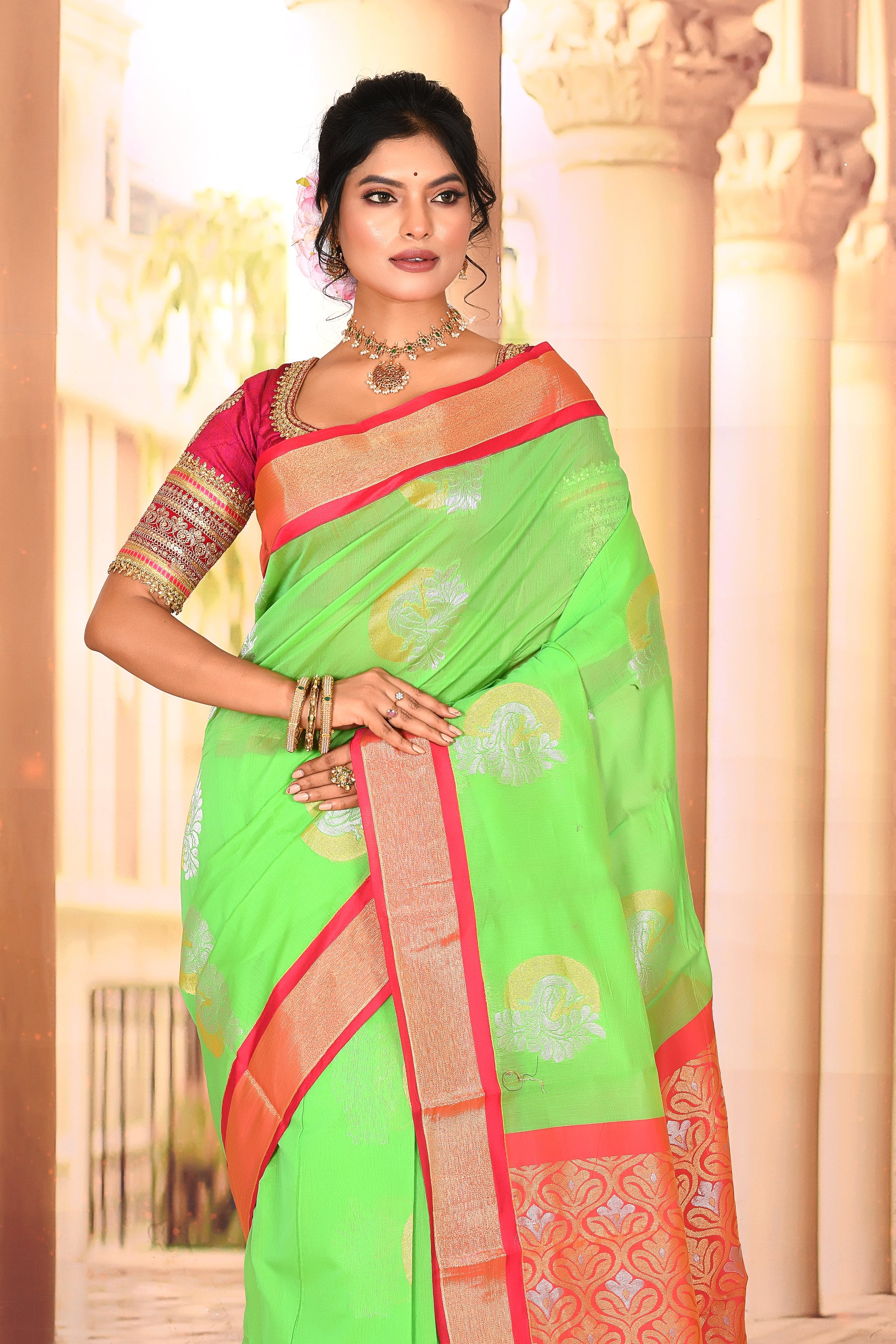 Pretty Green Red Cotton Silk Saree - Keya Seth Exclusive