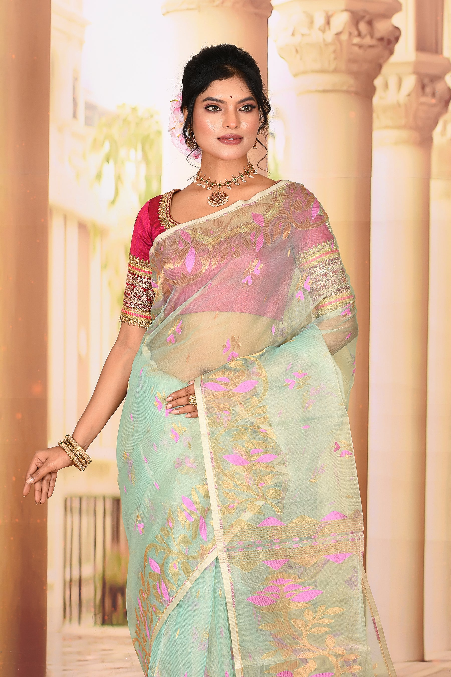 Lightweight Pastel Green Muslin Saree - Keya Seth Exclusive