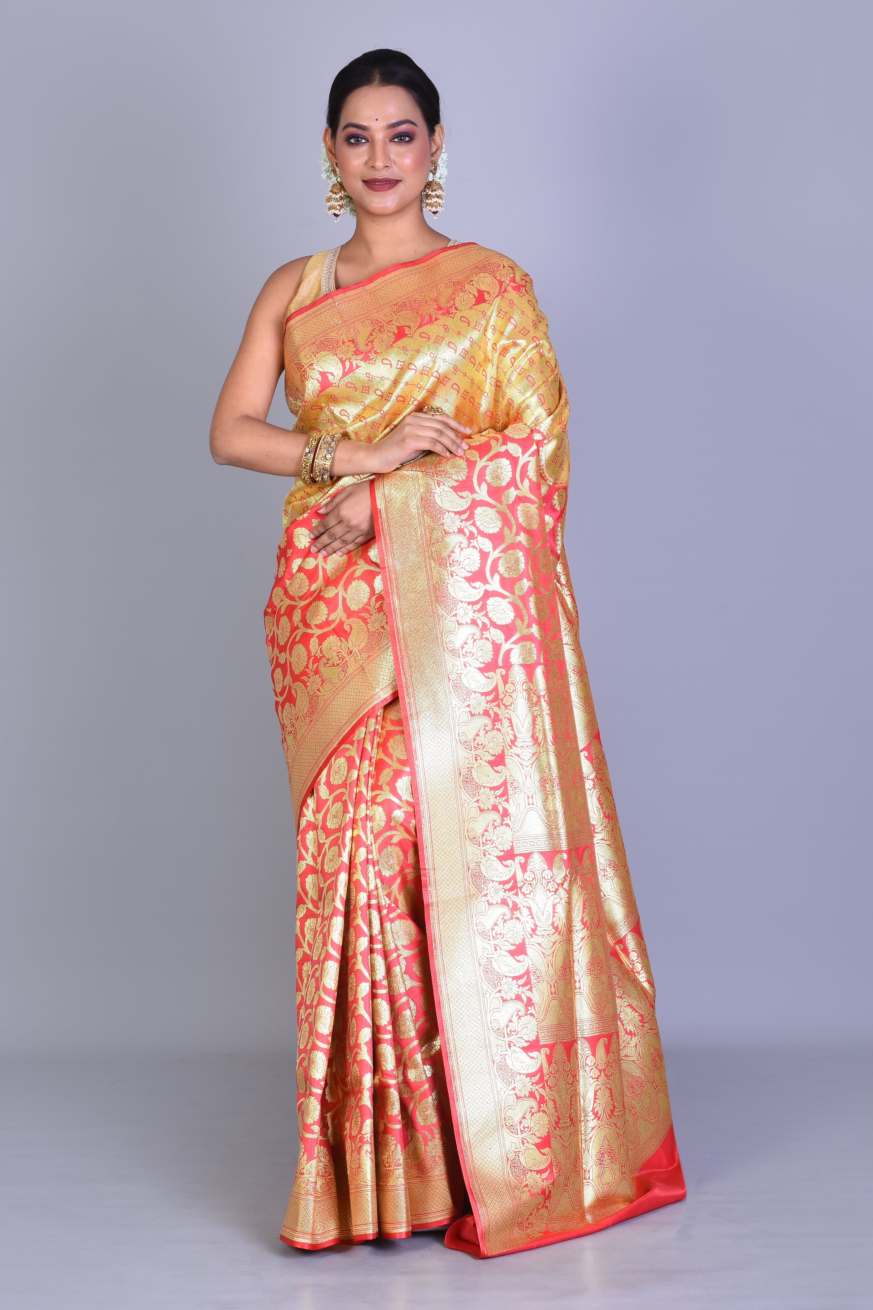 Yellow & Peach Half & Half Banarasi Saree with Blouse Piece - Keya Seth Exclusive