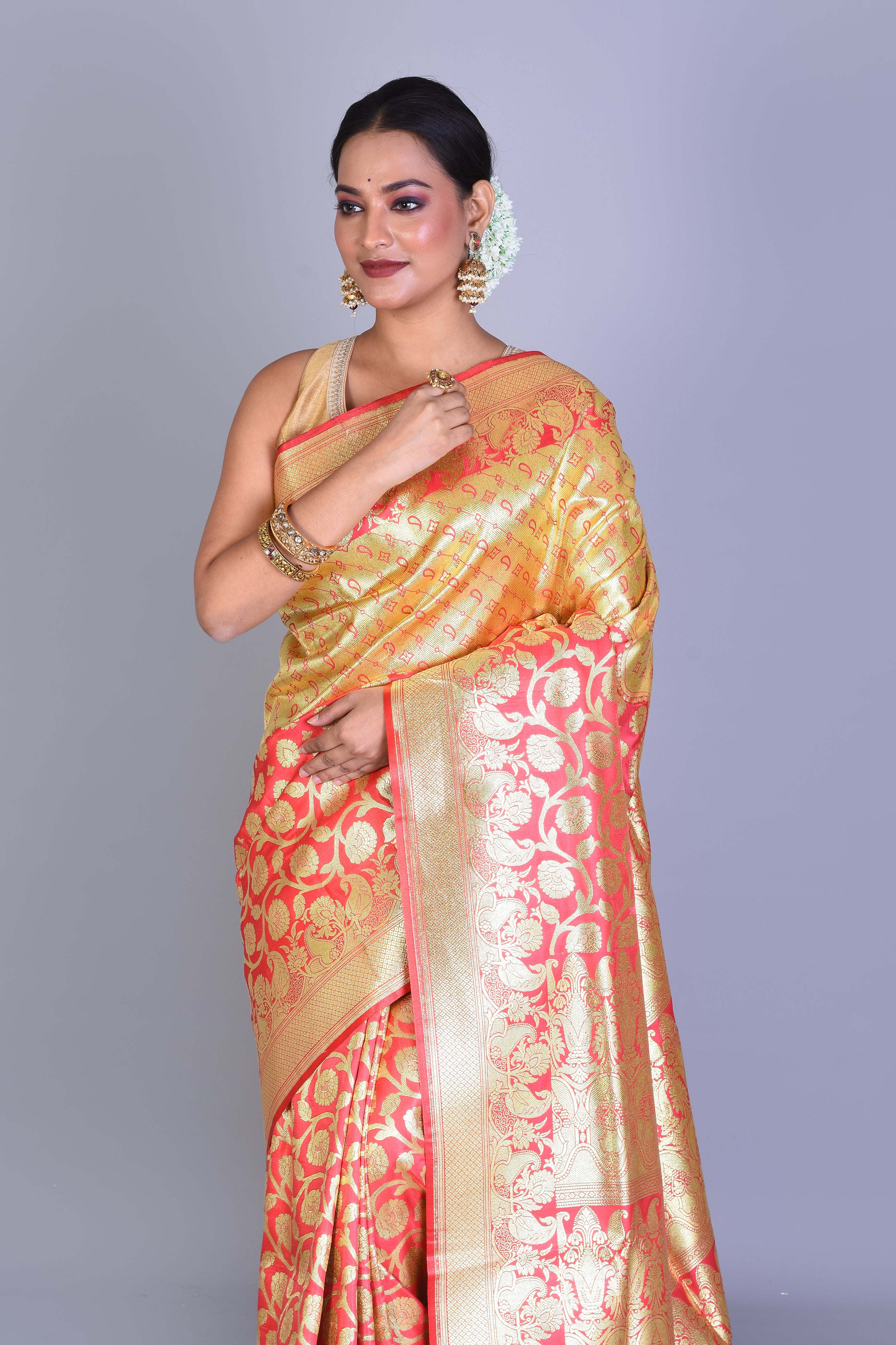 Yellow & Peach Half & Half Banarasi Saree with Blouse Piece - Keya Seth Exclusive