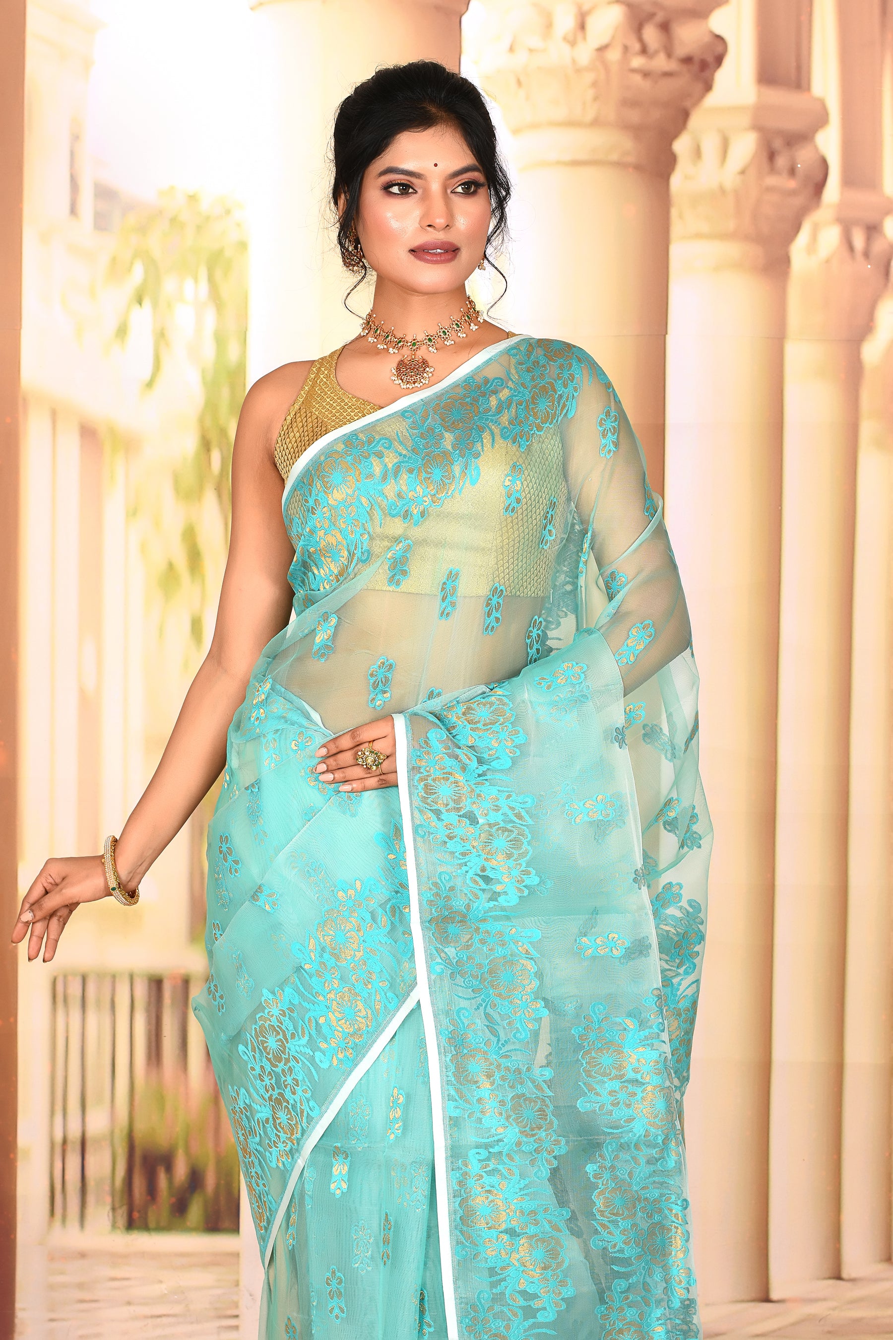 Elegant Sea Green Muslin Saree - Keya Seth Exclusive