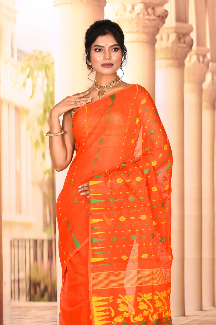 Lightweight Bright Orange Jamdani Saree - Keya Seth Exclusive