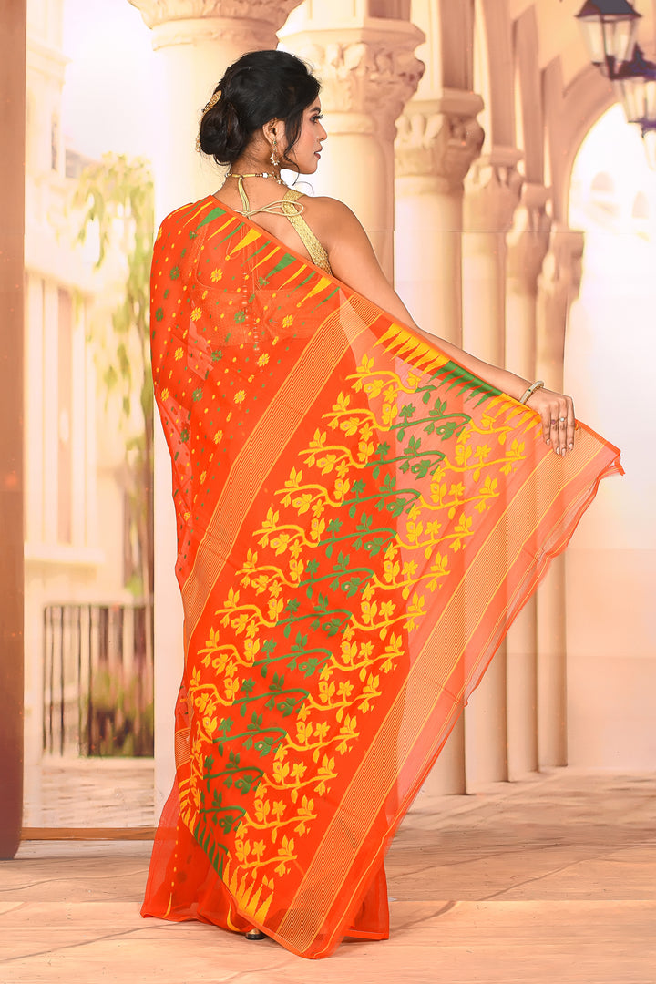 Lightweight Bright Orange Jamdani Saree - Keya Seth Exclusive