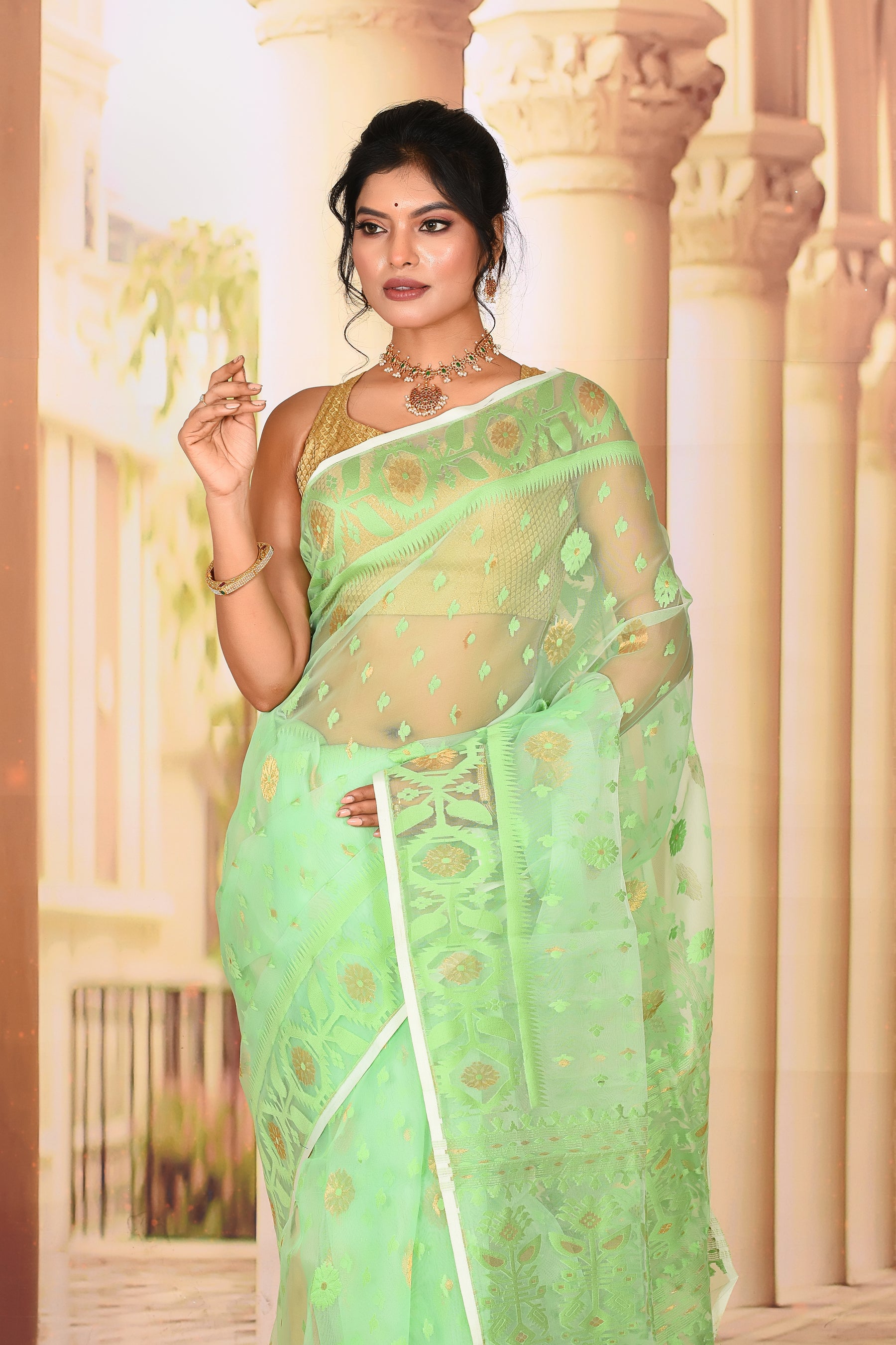 Elegant Light Green Muslin Saree - Keya Seth Exclusive