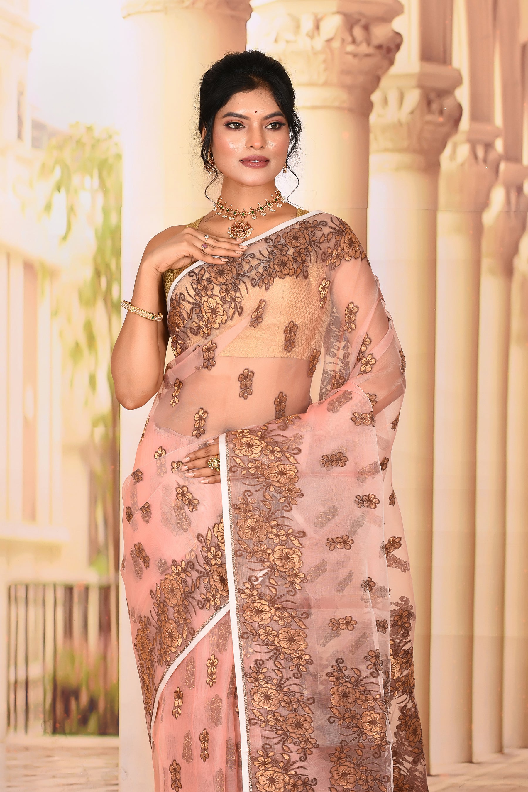 Elegant Light Peach Muslin Saree - Keya Seth Exclusive