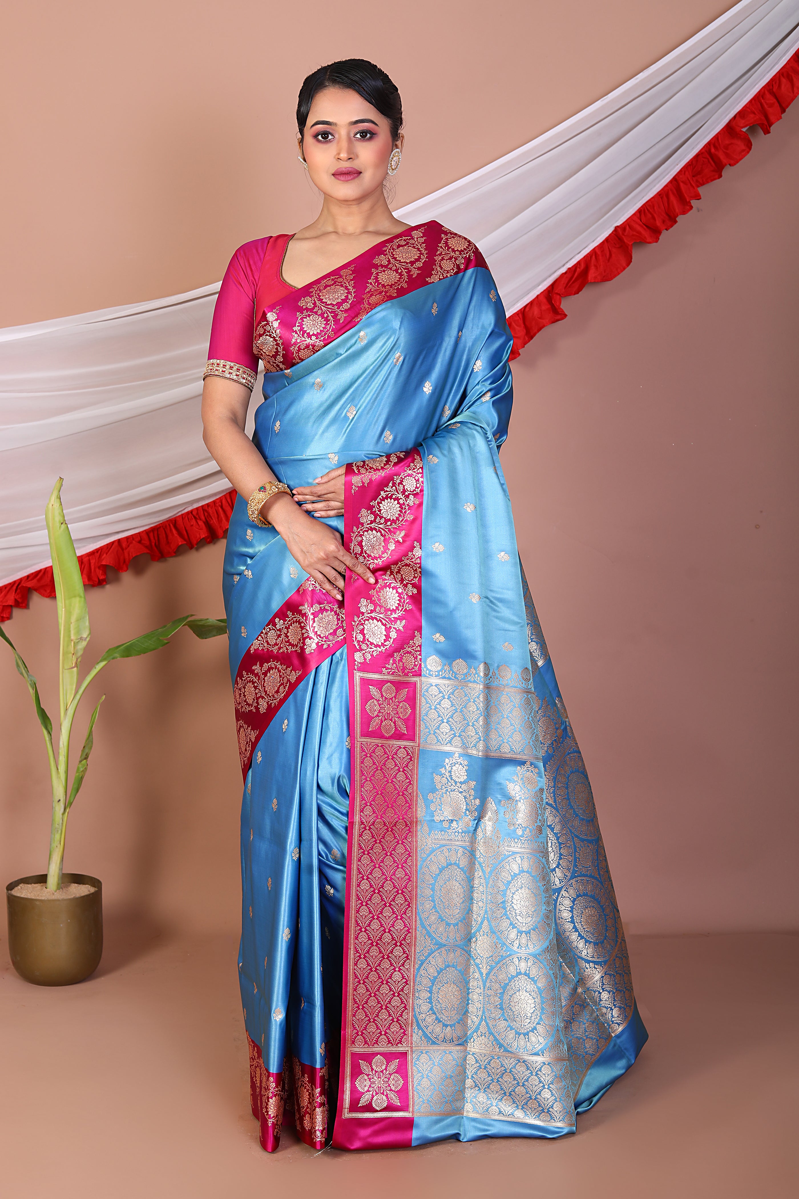 Sky Blue Blended Mashru Silk Saree - Keya Seth Exclusive