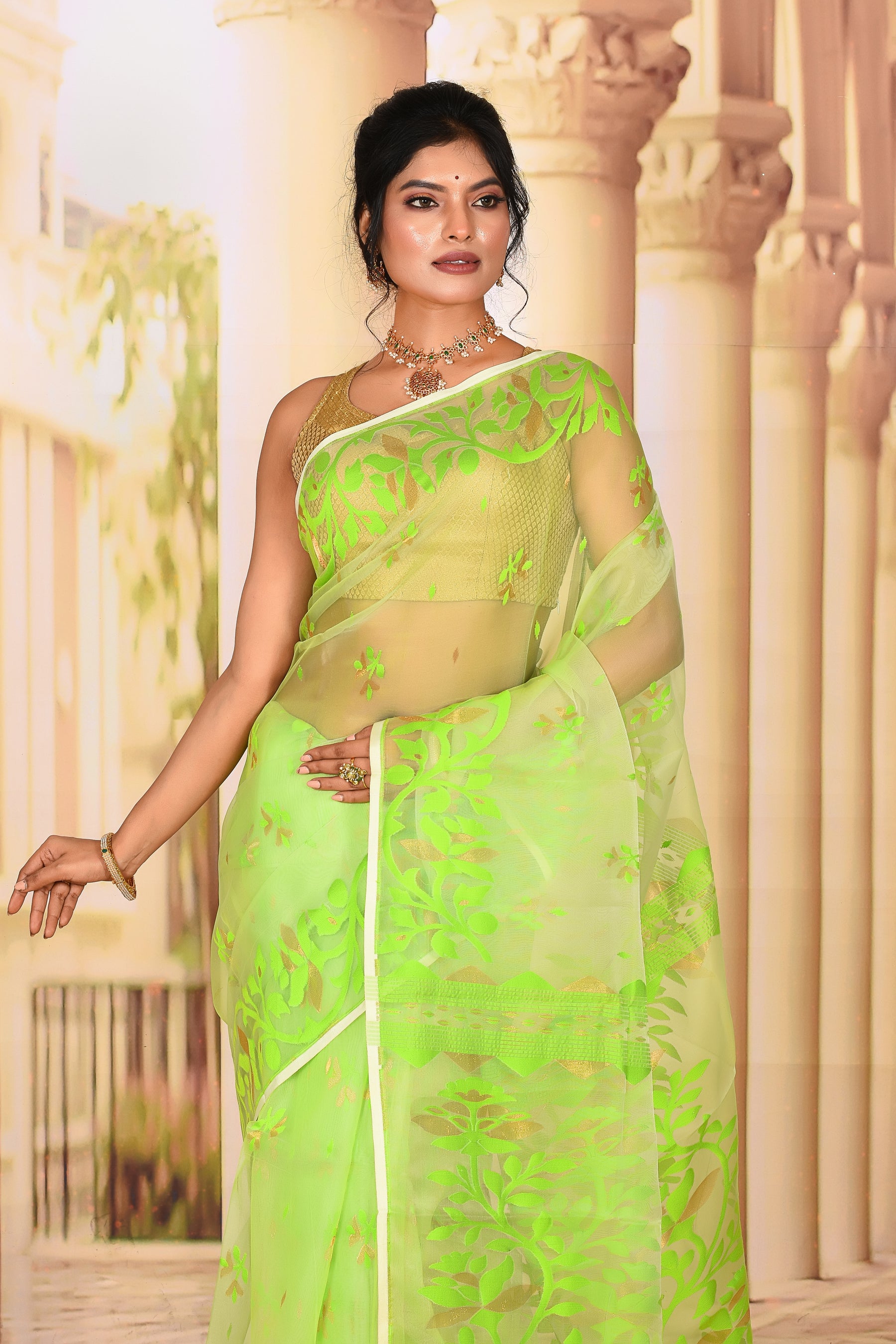 Lightweight Leaf Green Muslin Saree - Keya Seth Exclusive