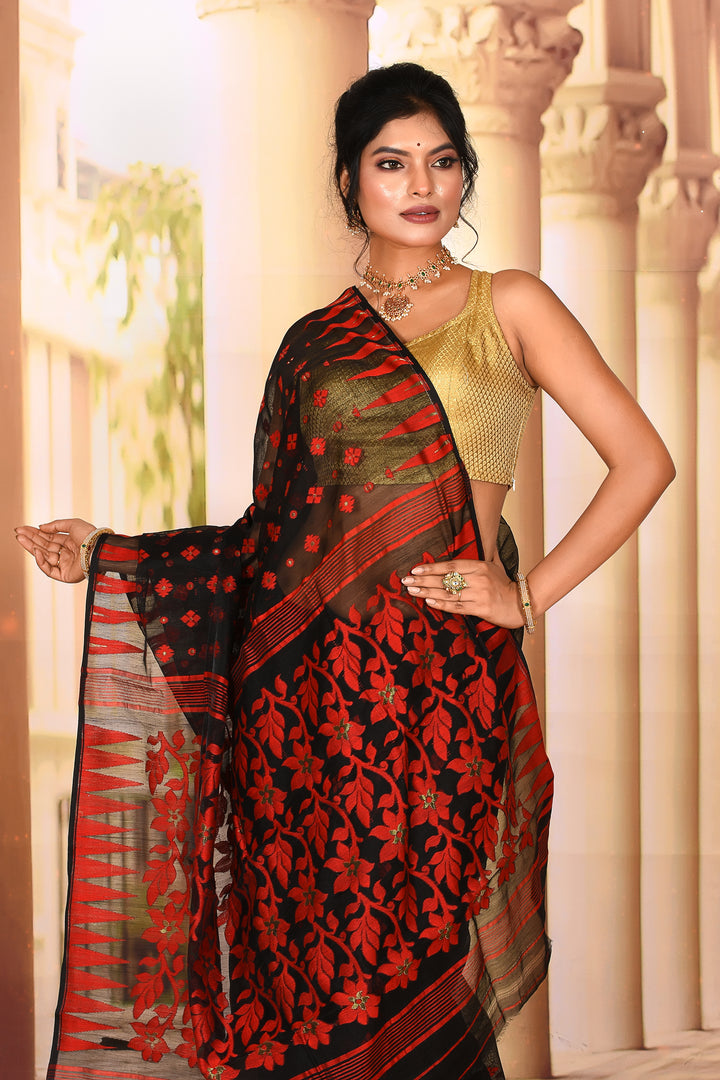 Lightweight Black Red Jamdani Saree - Keya Seth Exclusive
