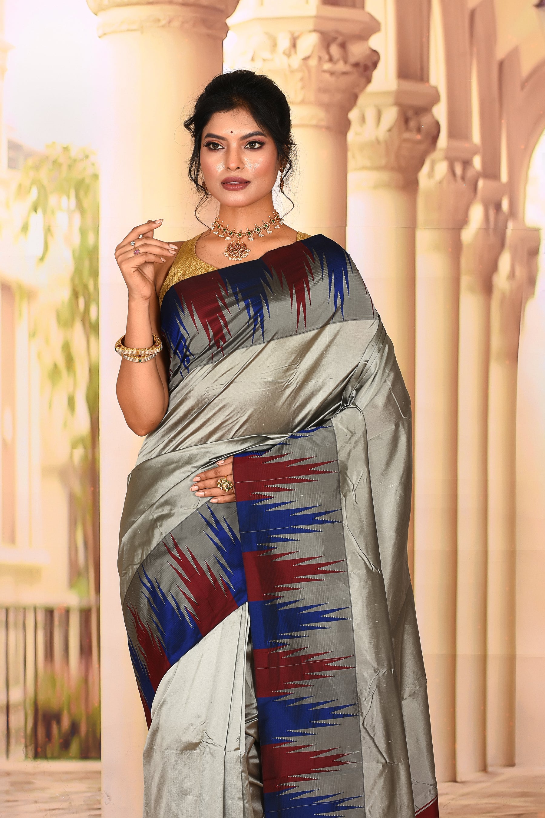 Pretty Slate Grey Semi Kanjivaram Silk Saree - Keya Seth Exclusive