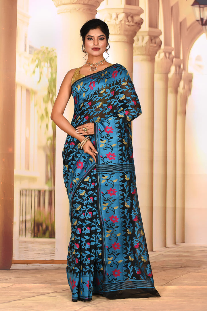 Lightweight Black Blue Jamdani Saree - Keya Seth Exclusive