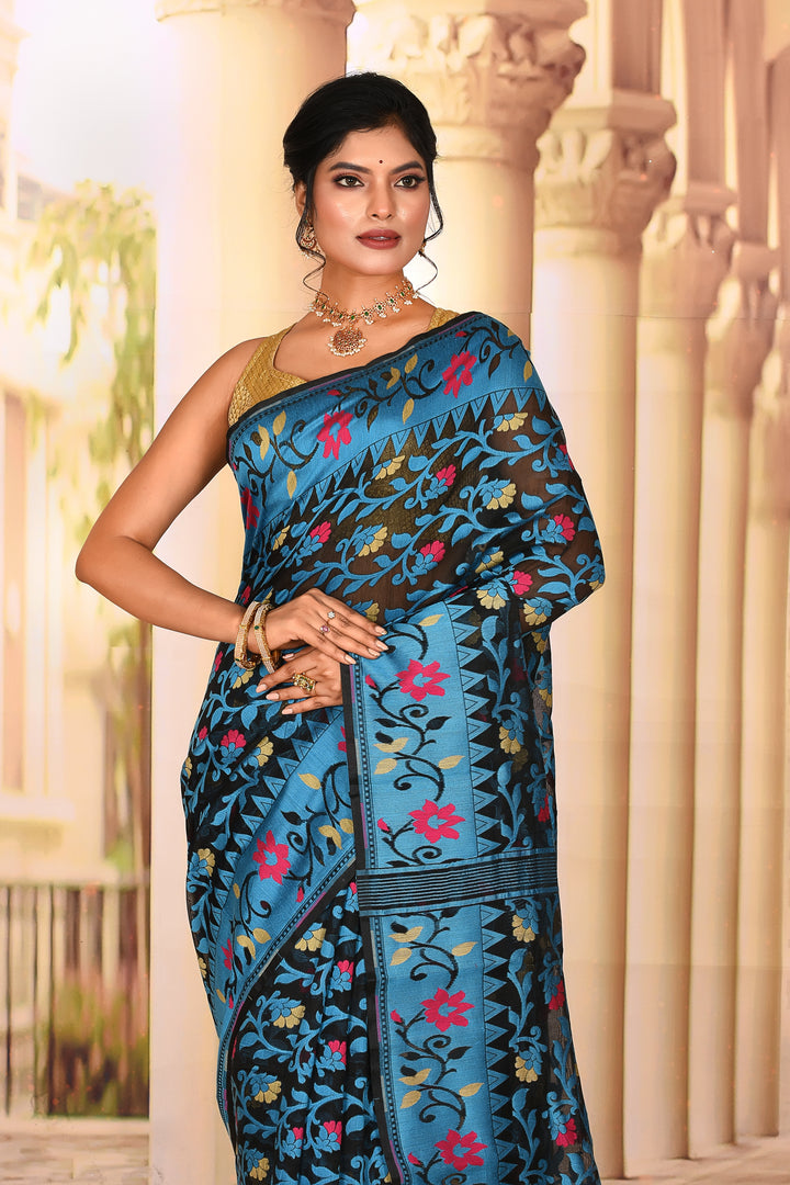 Lightweight Black Blue Jamdani Saree - Keya Seth Exclusive