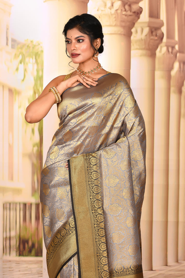 Pretty Grey Gold Semi Silk Saree