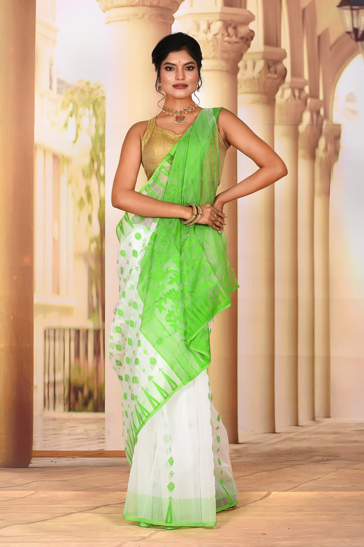 Lightweight White Green Jamdani Saree - Keya Seth Exclusive