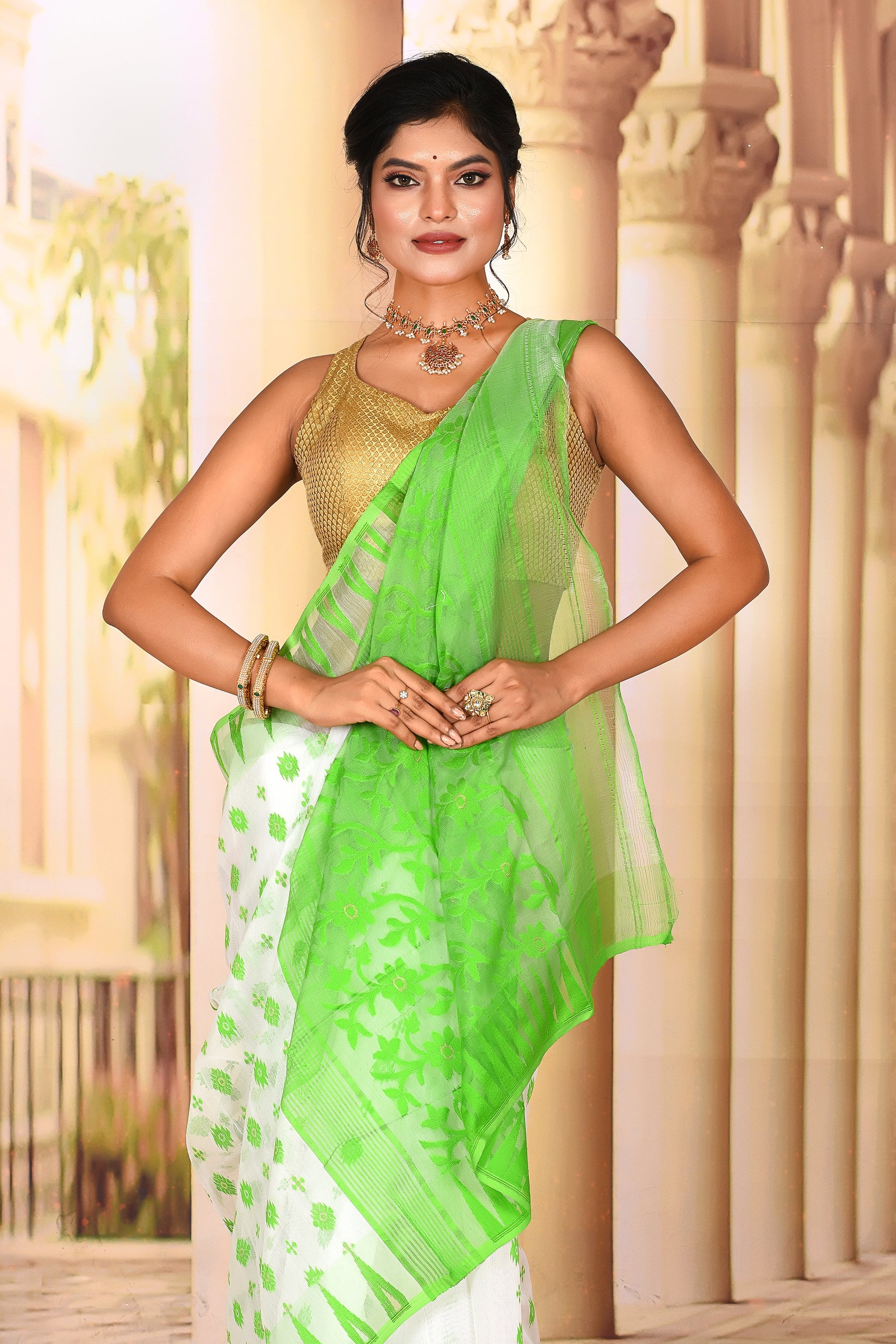 Lightweight White Green Jamdani Saree - Keya Seth Exclusive