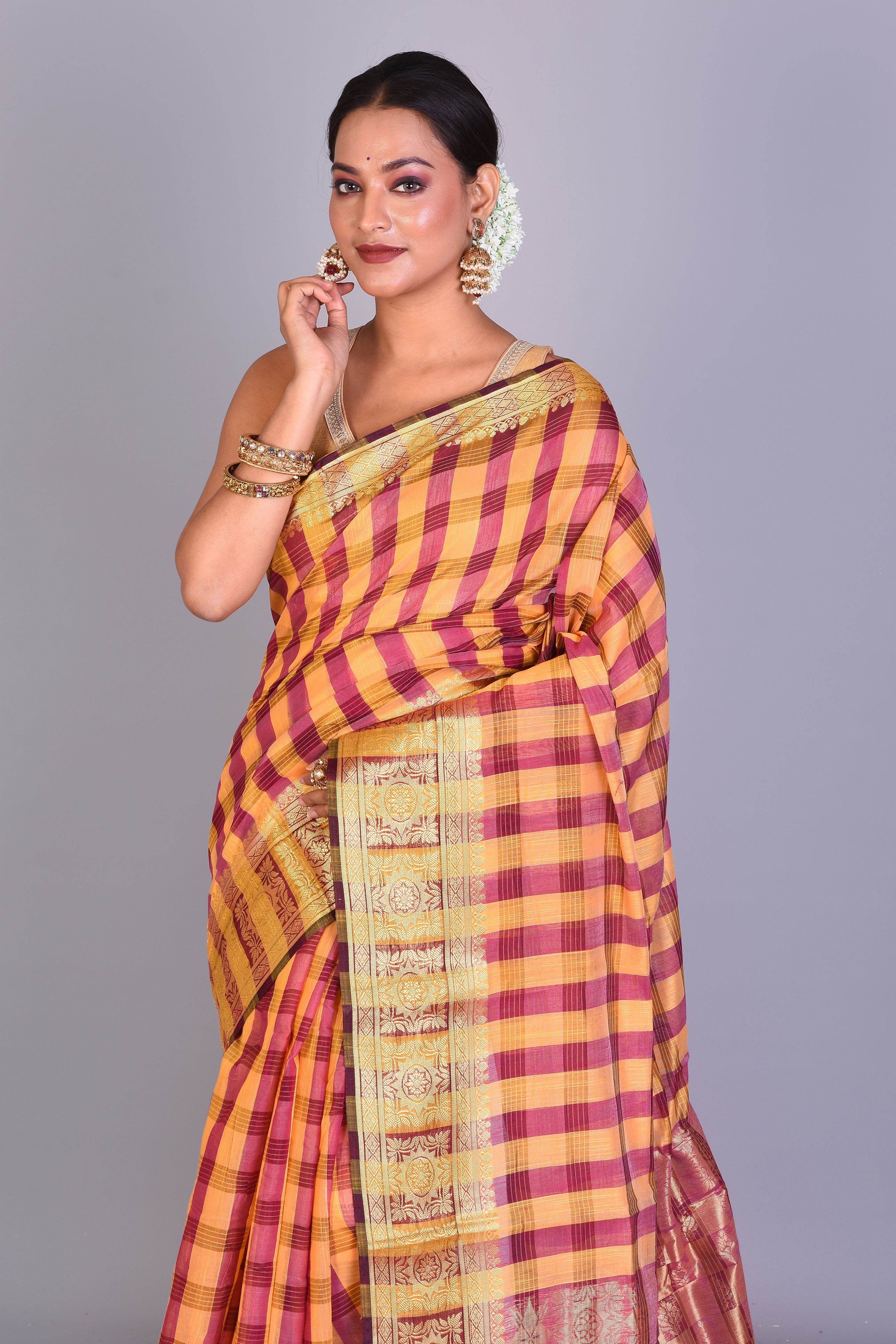 Yellow Checkered Cotton Saree with Blouse Piece - Keya Seth Exclusive