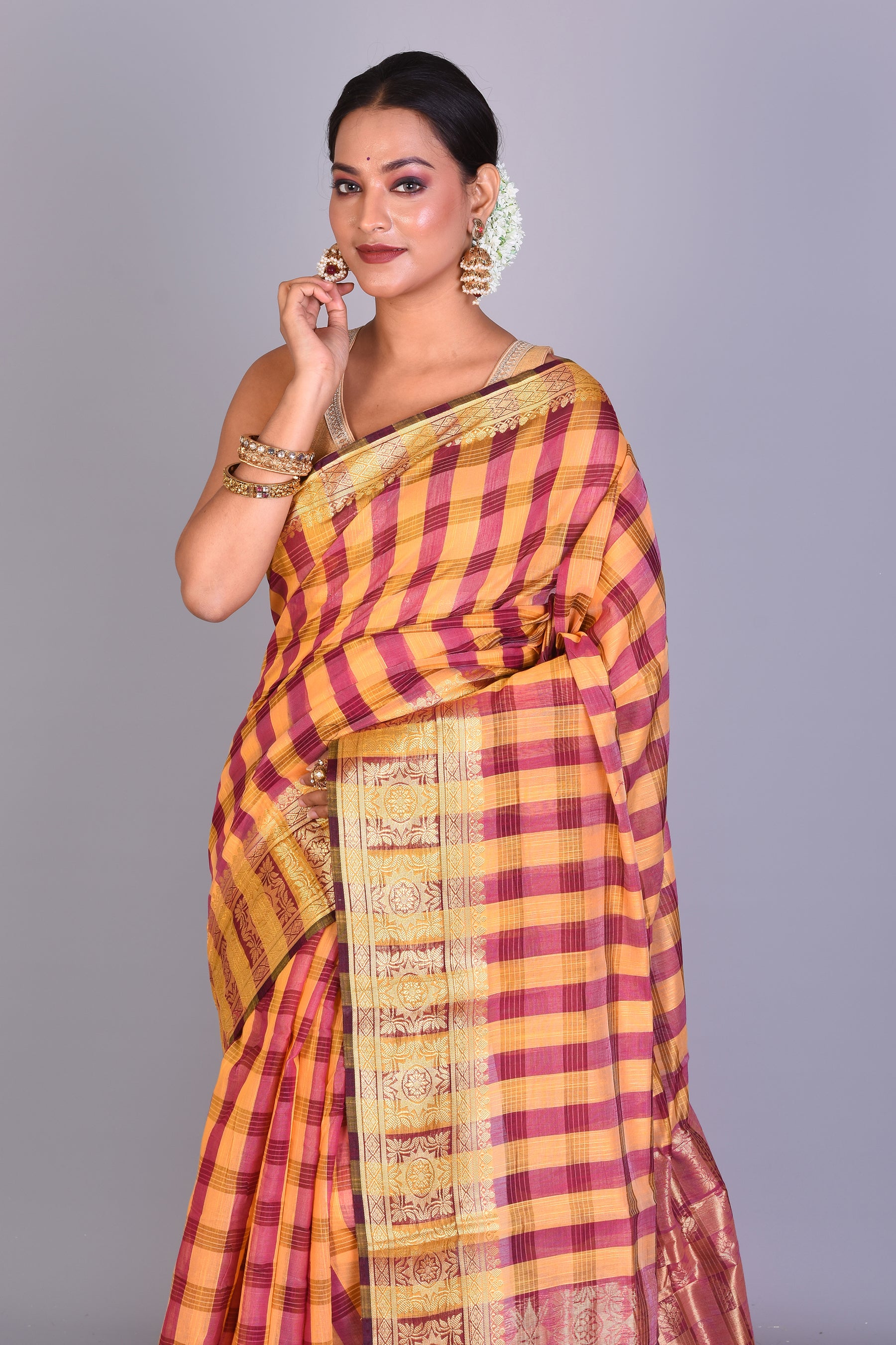 Yellow Checkered Cotton Saree with Blouse Piece - Keya Seth Exclusive