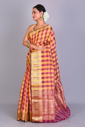 Yellow Checkered Cotton Saree with Blouse Piece - Keya Seth Exclusive