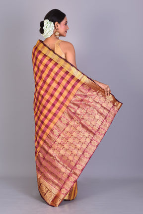 Yellow Checkered Cotton Saree with Blouse Piece - Keya Seth Exclusive