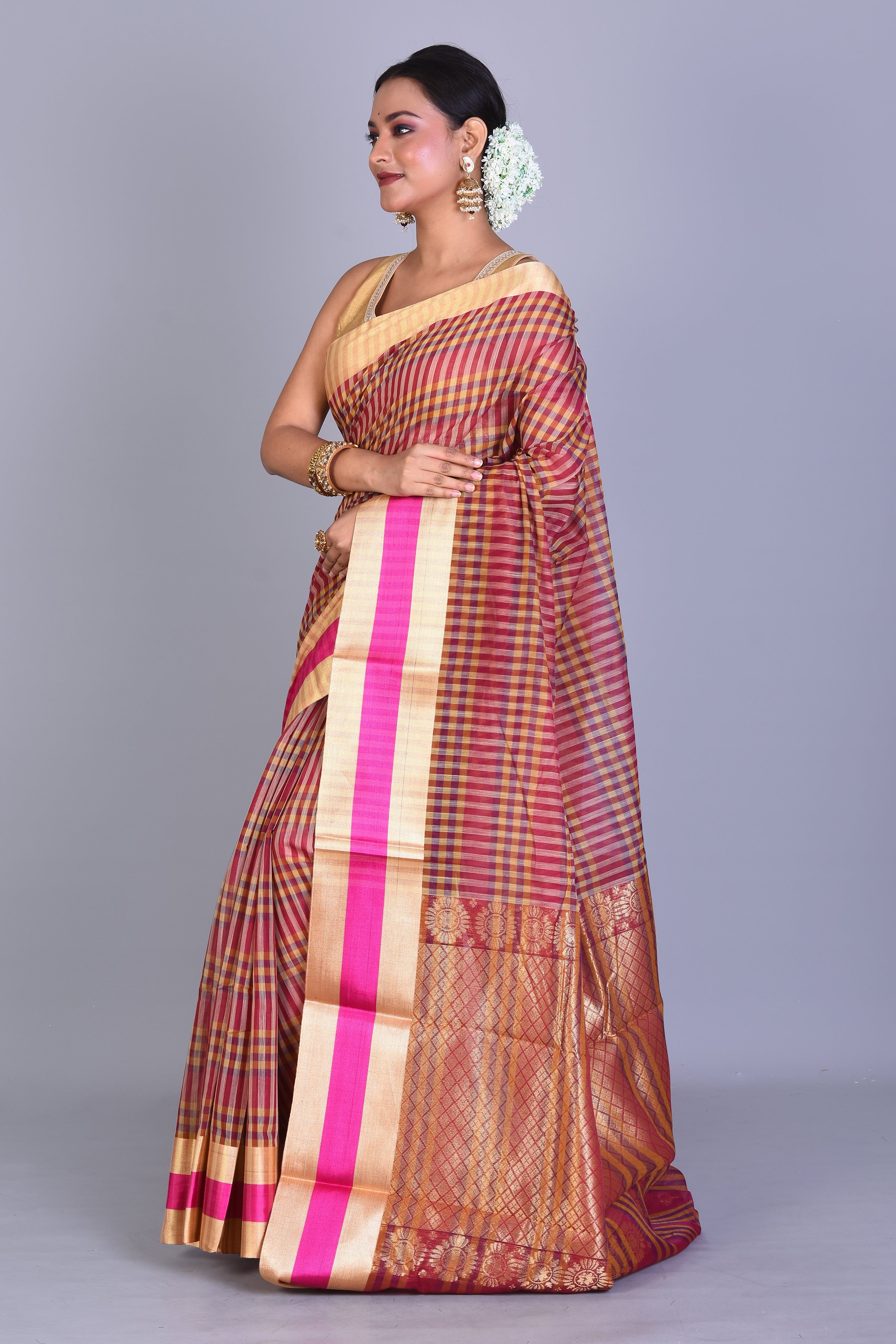 Multicolored Checkered Cotton Saree with Blouse Piece - Keya Seth Exclusive