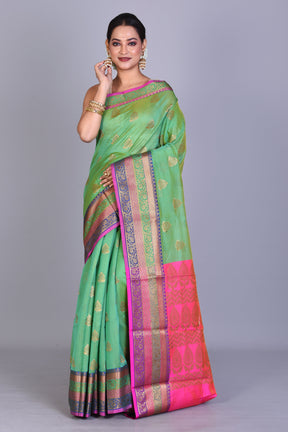 Green Blended Cotton Saree with Blouse Piece - Keya Seth Exclusive