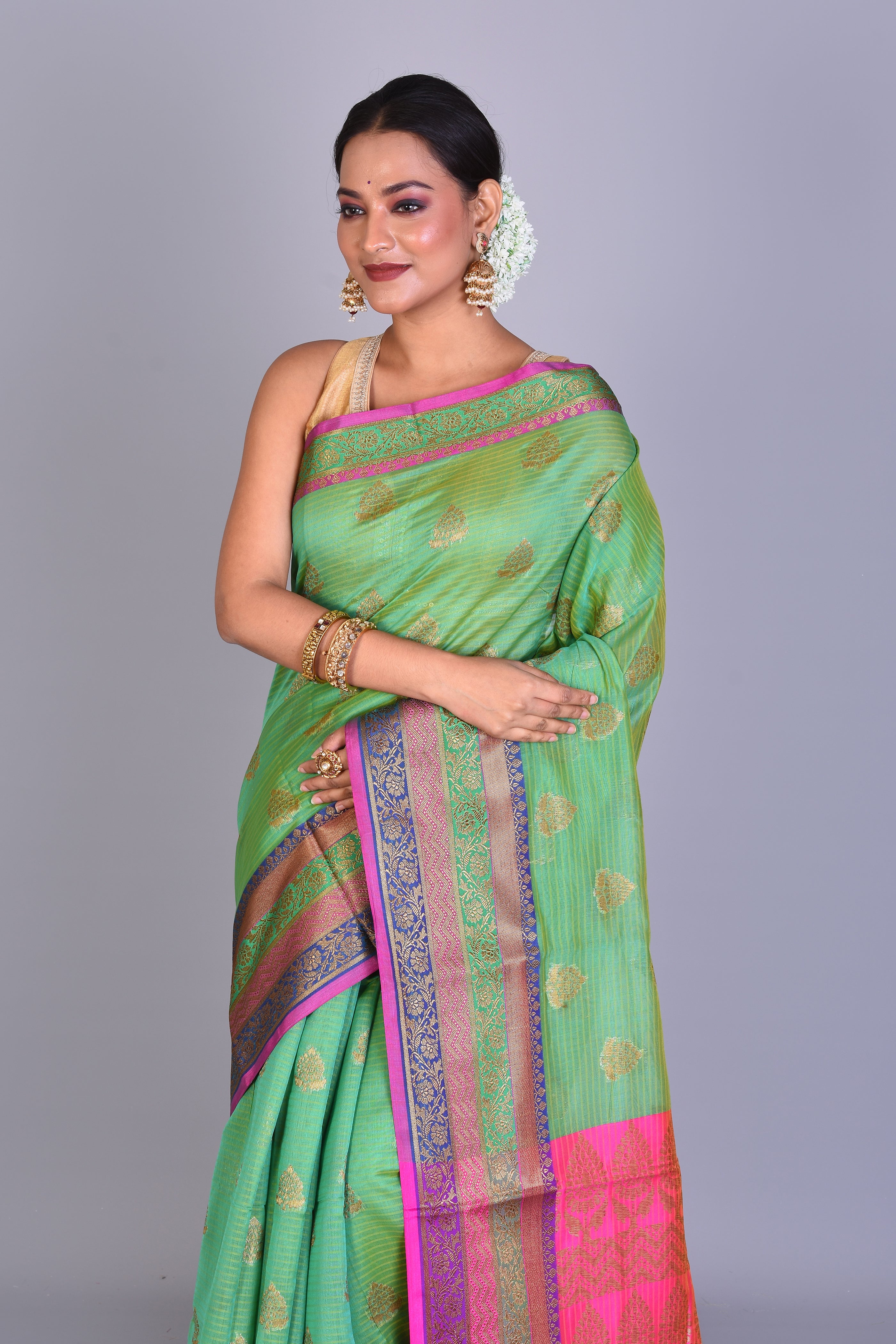 Green Blended Cotton Saree with Blouse Piece - Keya Seth Exclusive