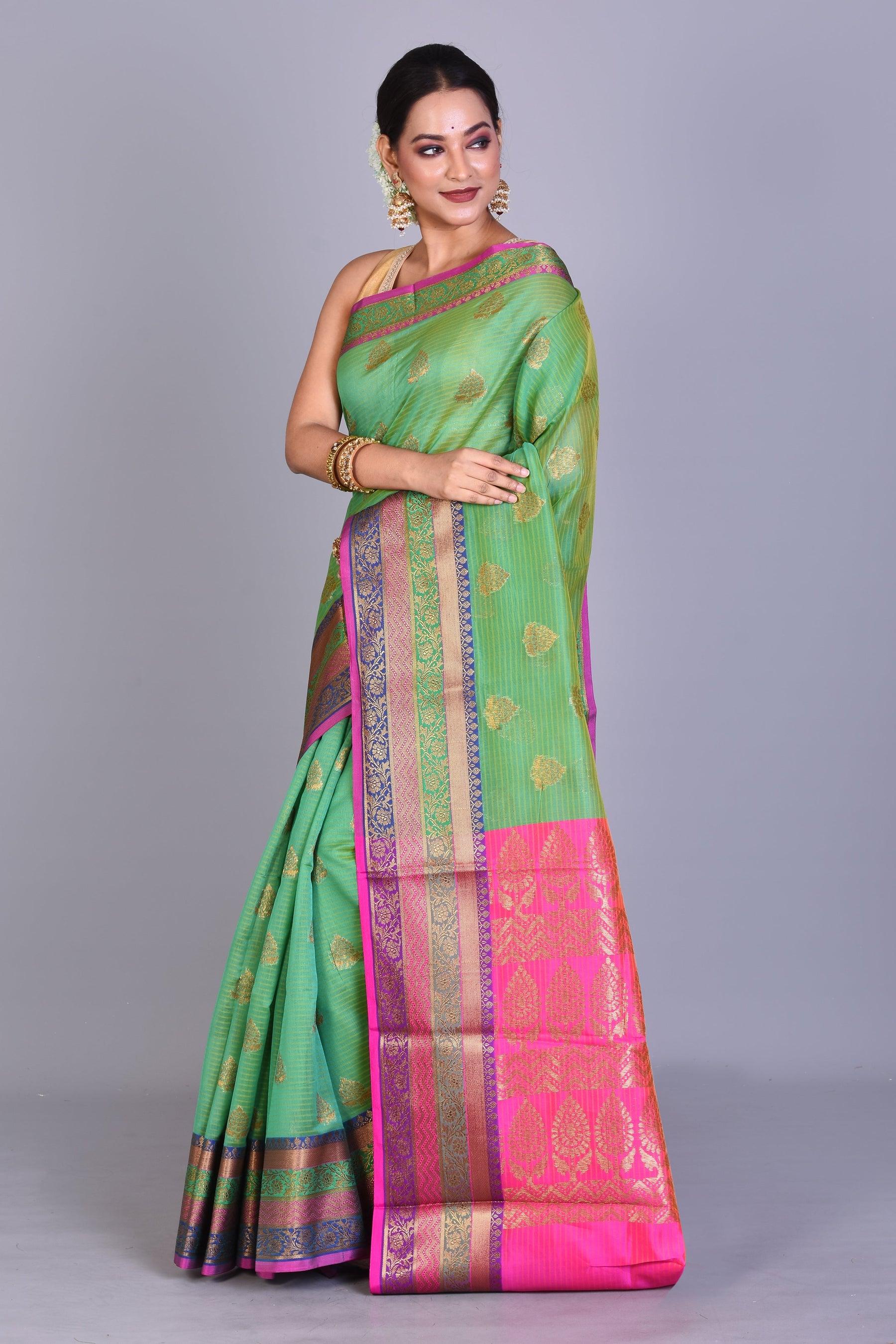 Green Blended Cotton Saree with Blouse Piece - Keya Seth Exclusive