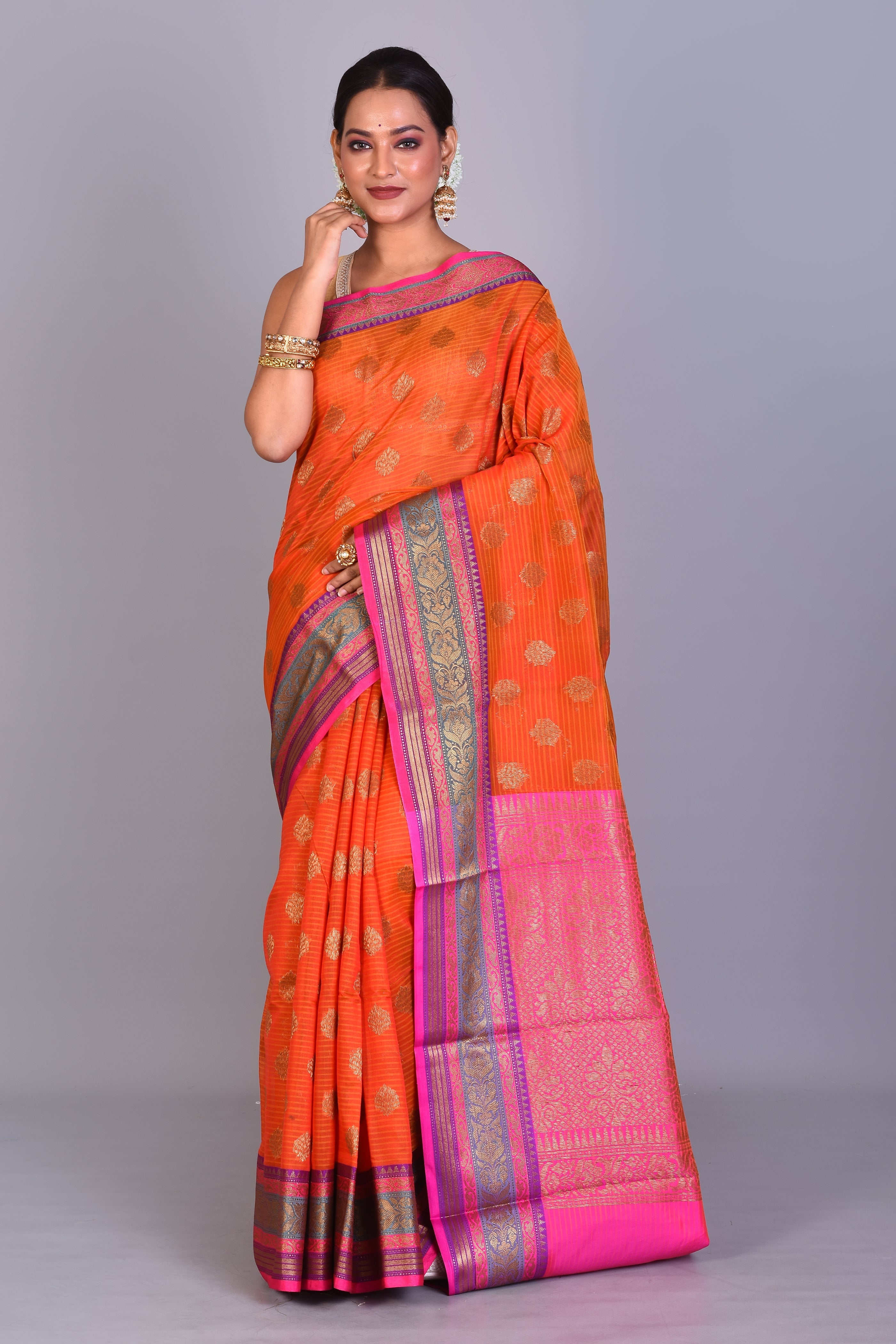 Orange Blended Cotton Saree with Blouse Piece - Keya Seth Exclusive