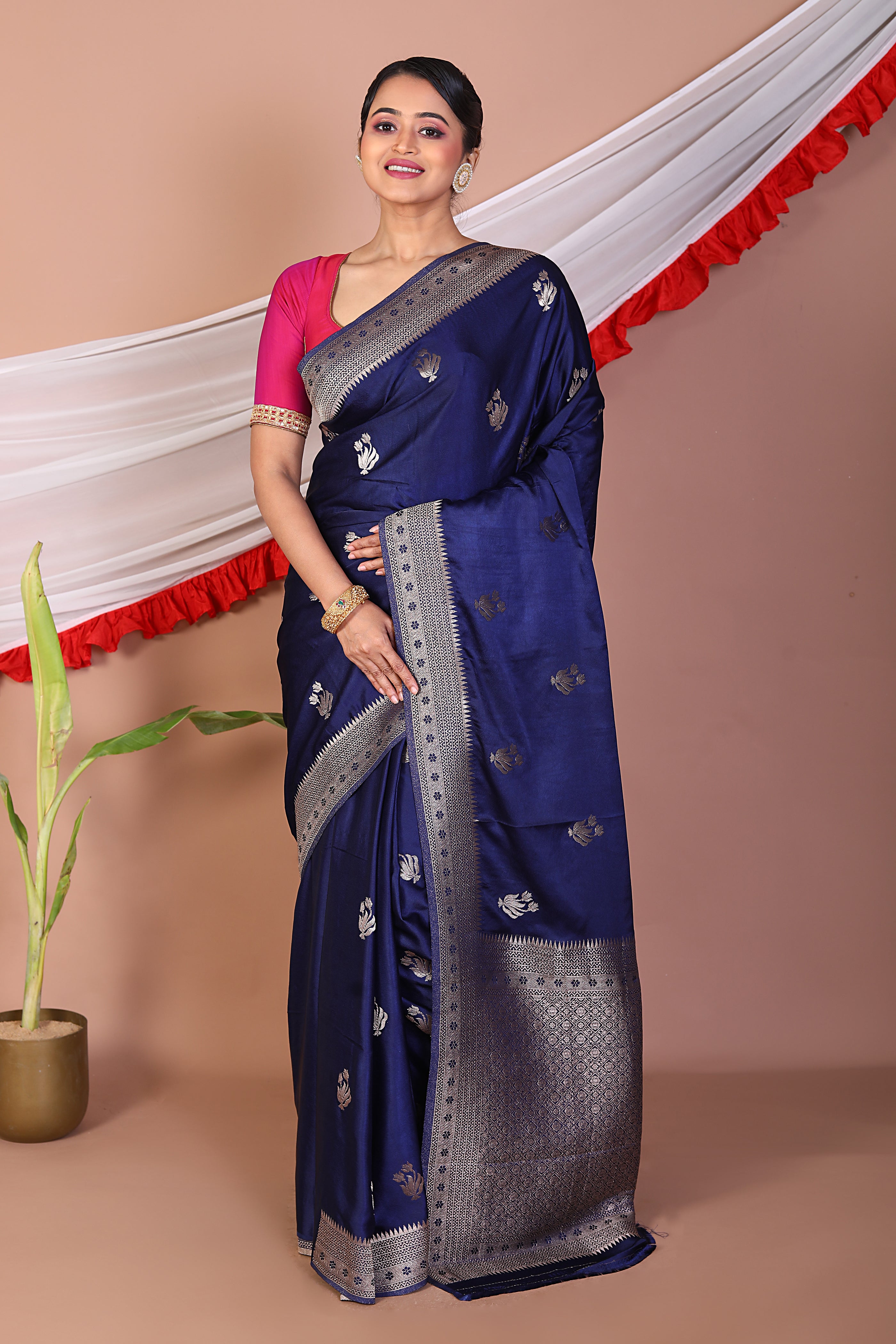 Navy Blue Blended Mashru Silk Saree - Keya Seth Exclusive