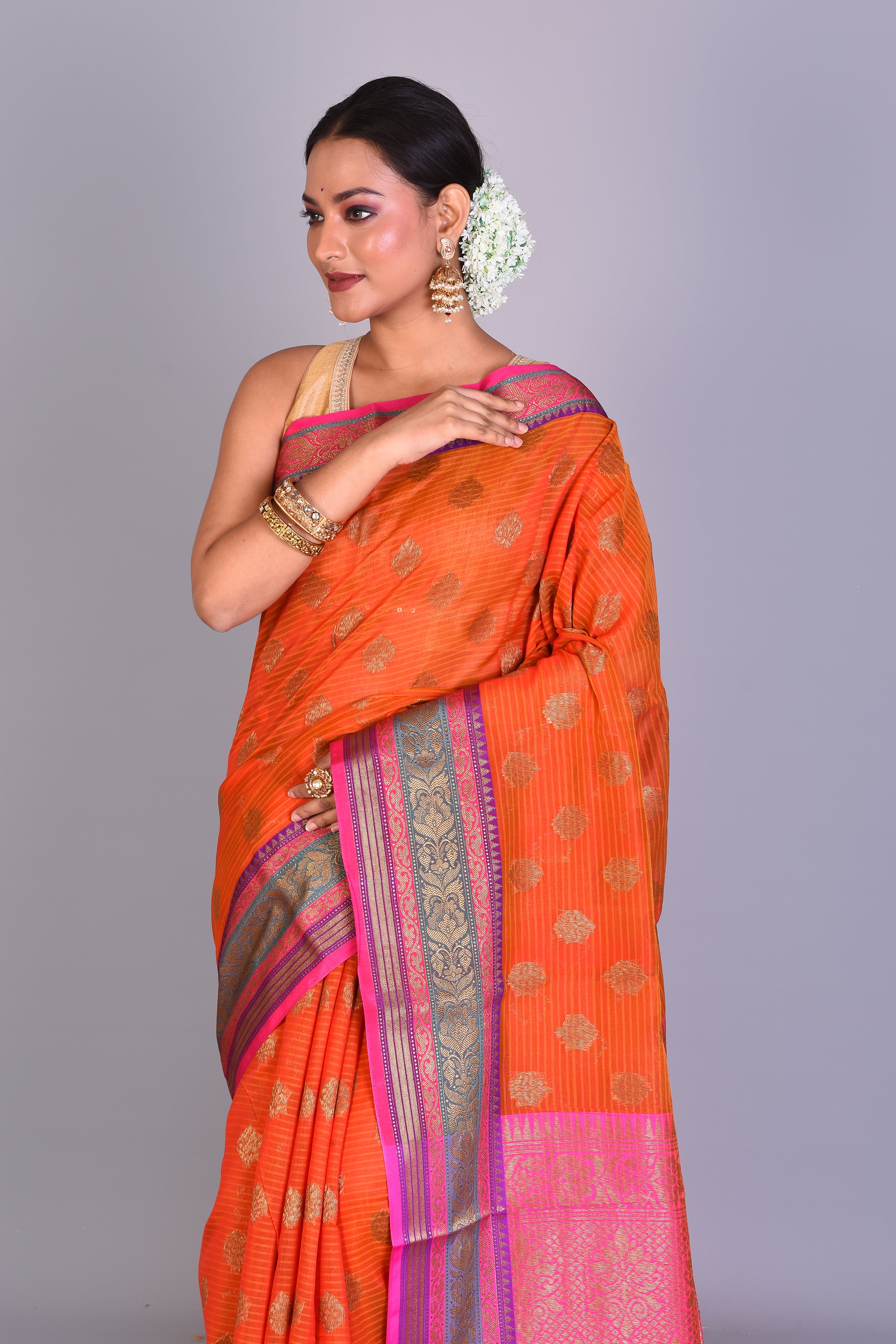 Orange Blended Cotton Saree with Blouse Piece - Keya Seth Exclusive