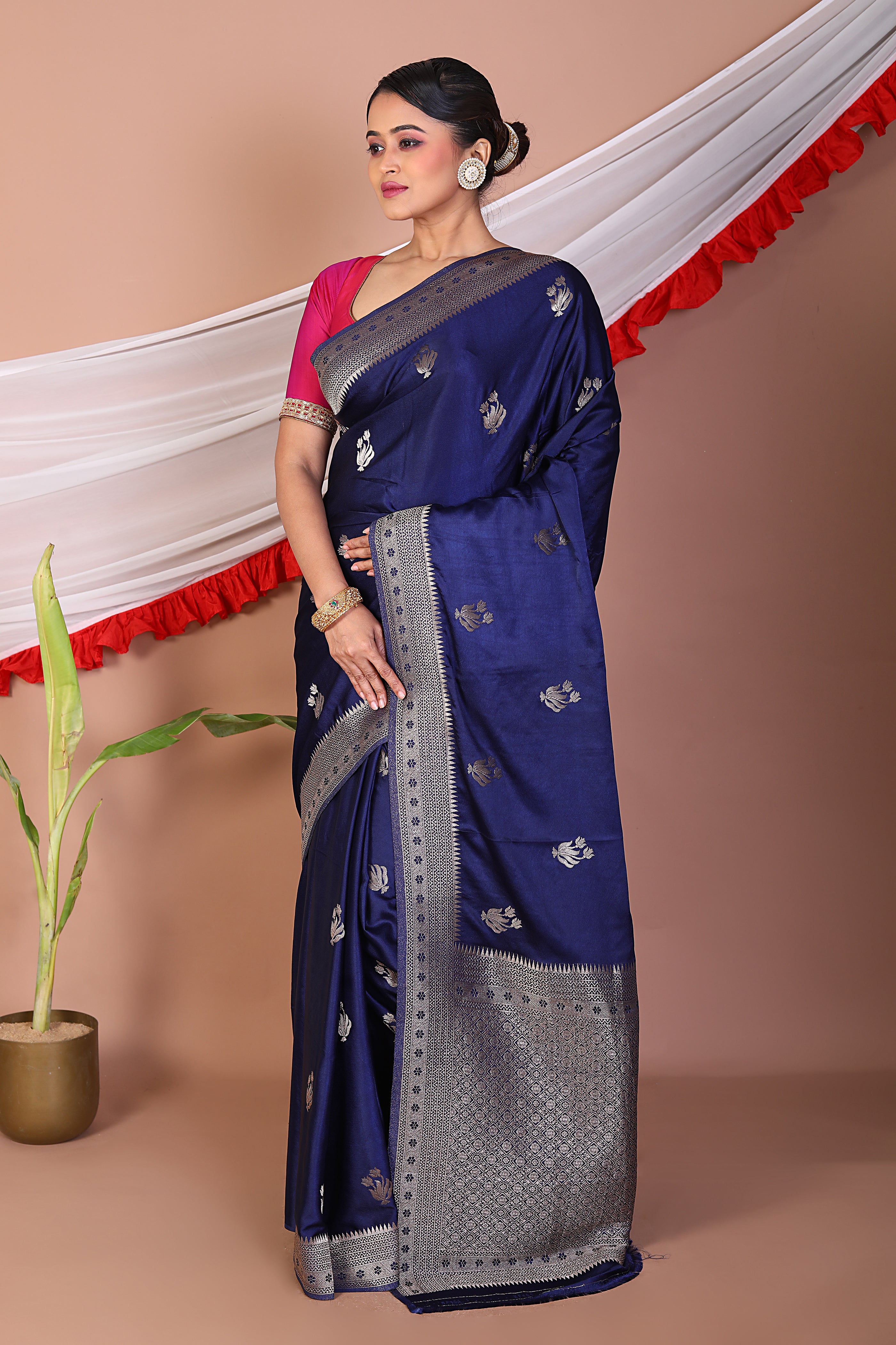 Navy Blue Blended Mashru Silk Saree - Keya Seth Exclusive