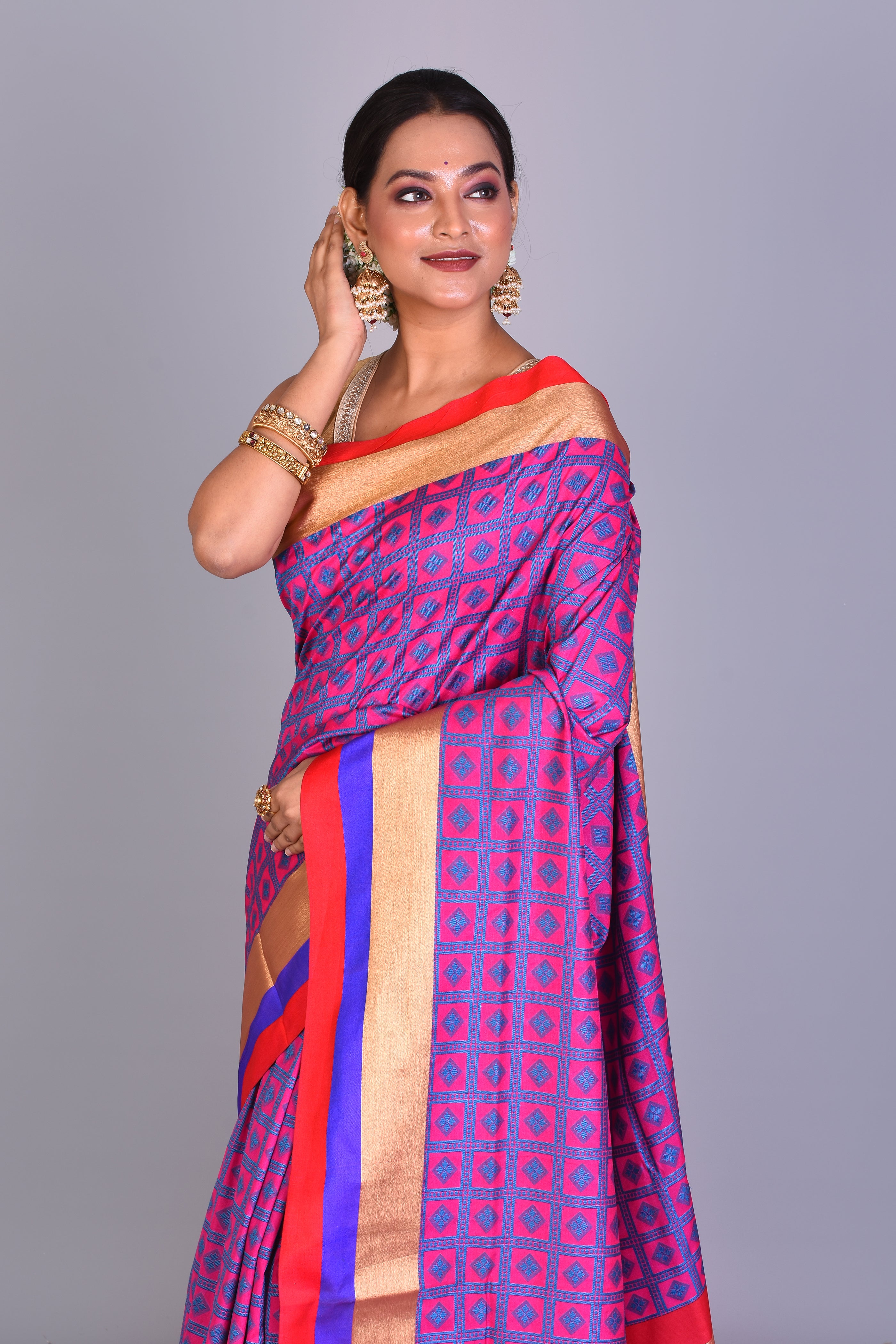 Pink Checkered Blended Silk Saree with Blouse Piece - Keya Seth Exclusive