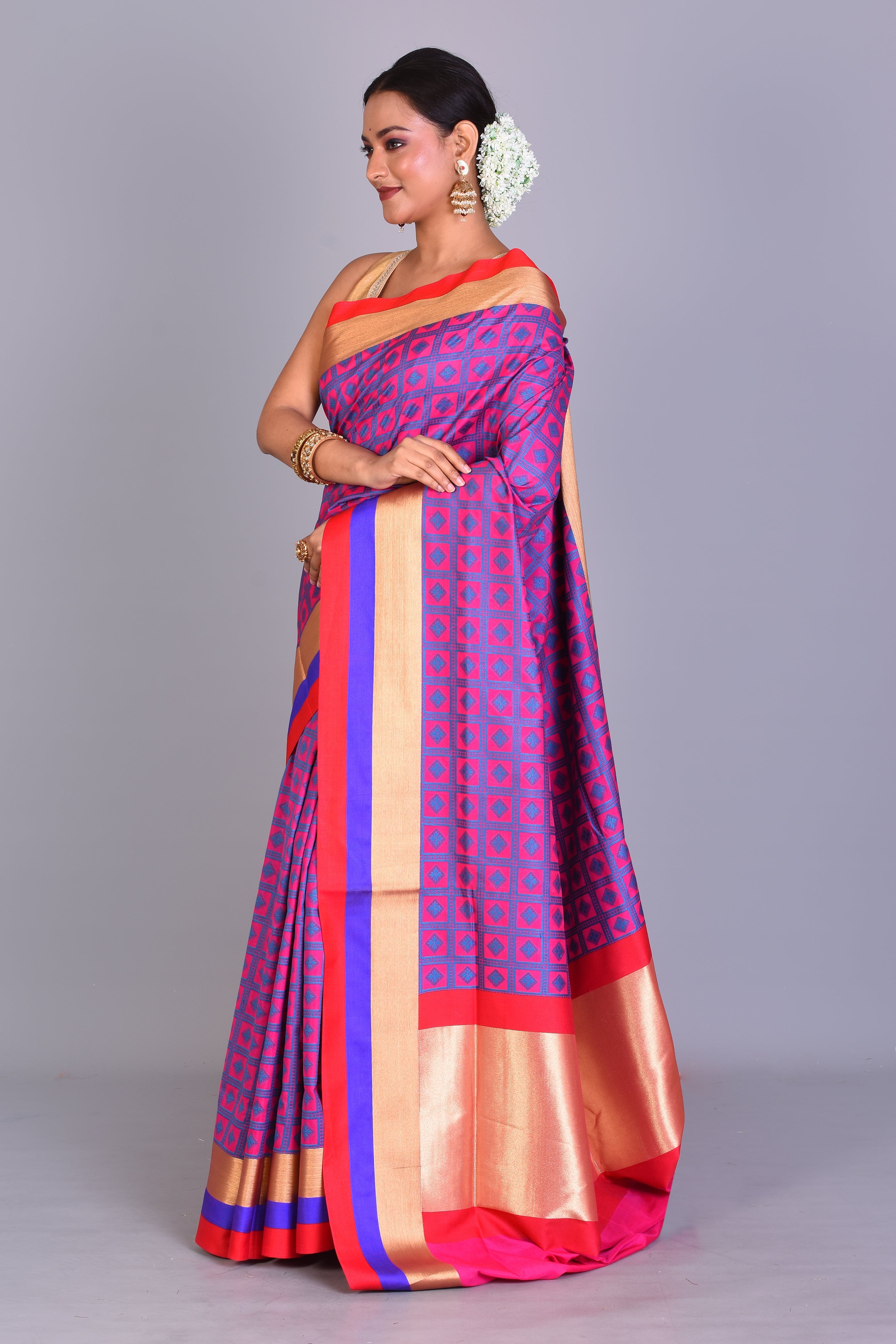 Pink Checkered Blended Silk Saree with Blouse Piece - Keya Seth Exclusive