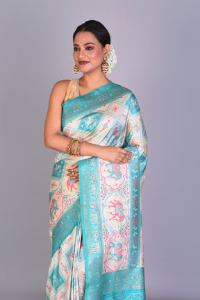 White Blended Ikkat Saree with Blouse Piece - Keya Seth Exclusive