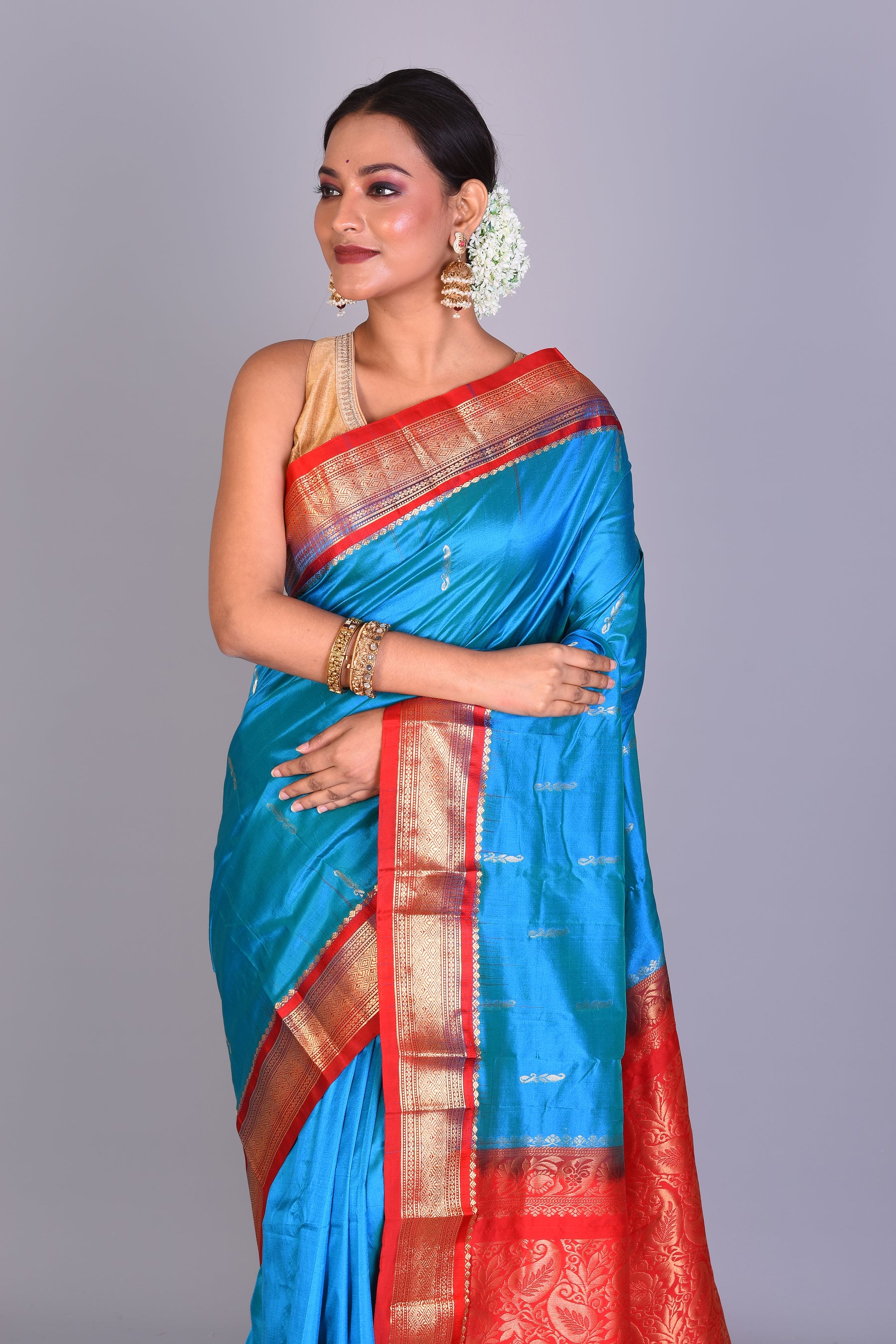 Prussian Blue Blended Kanjivaram Saree with Blouse Piece - Keya Seth Exclusive