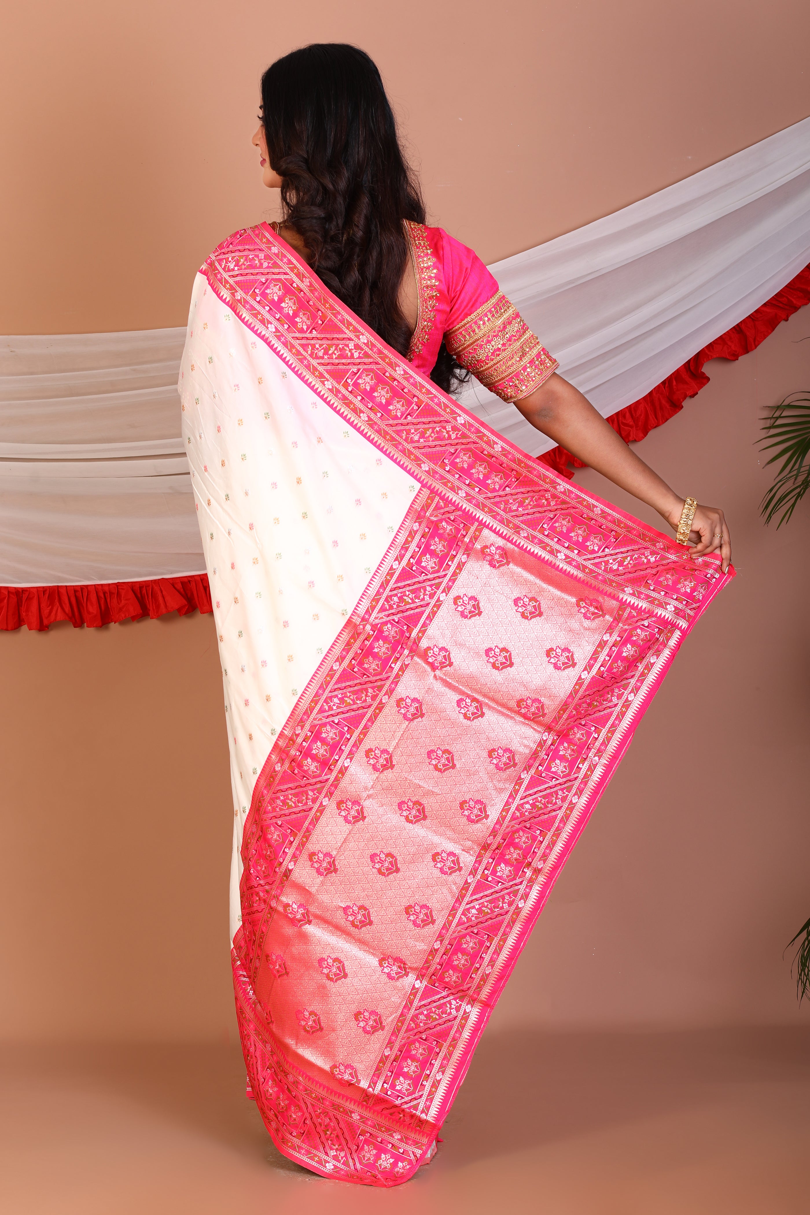 White and Pink Art Silk Saree - Keya Seth Exclusive