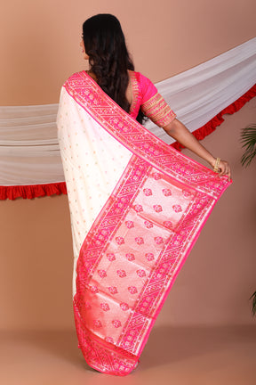 White and Pink Art Silk Saree - Keya Seth Exclusive