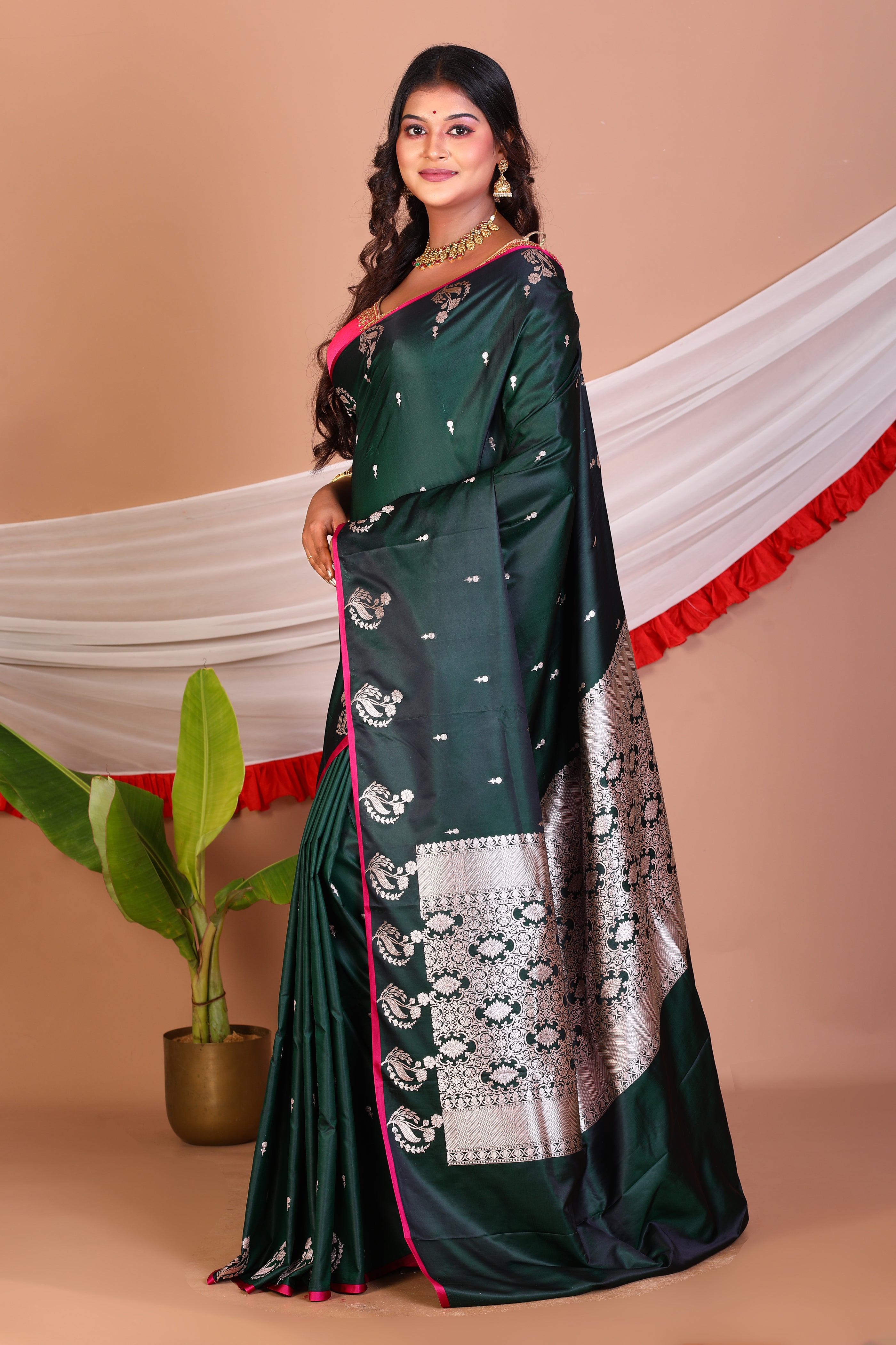Bottle Green Blended Mashru Silk Saree - Keya Seth Exclusive