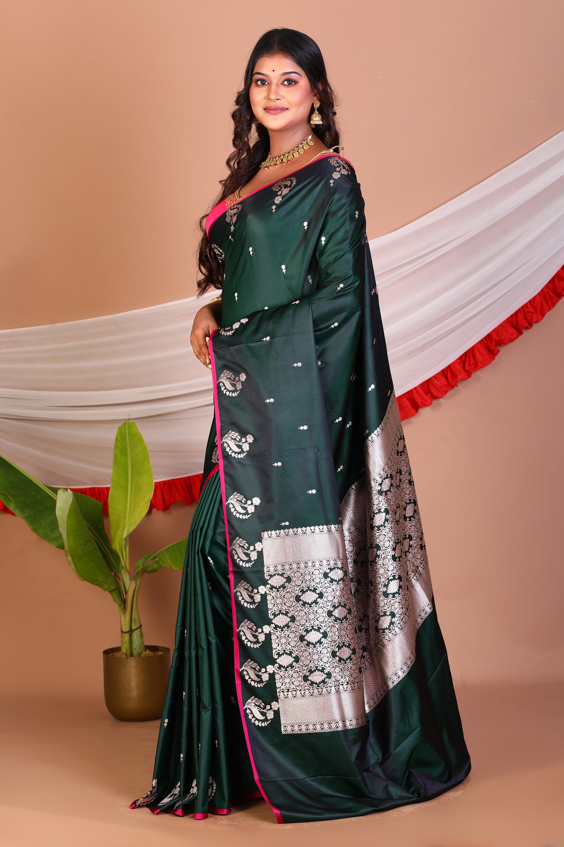 Bottle Green Blended Mashru Silk Saree - Keya Seth Exclusive