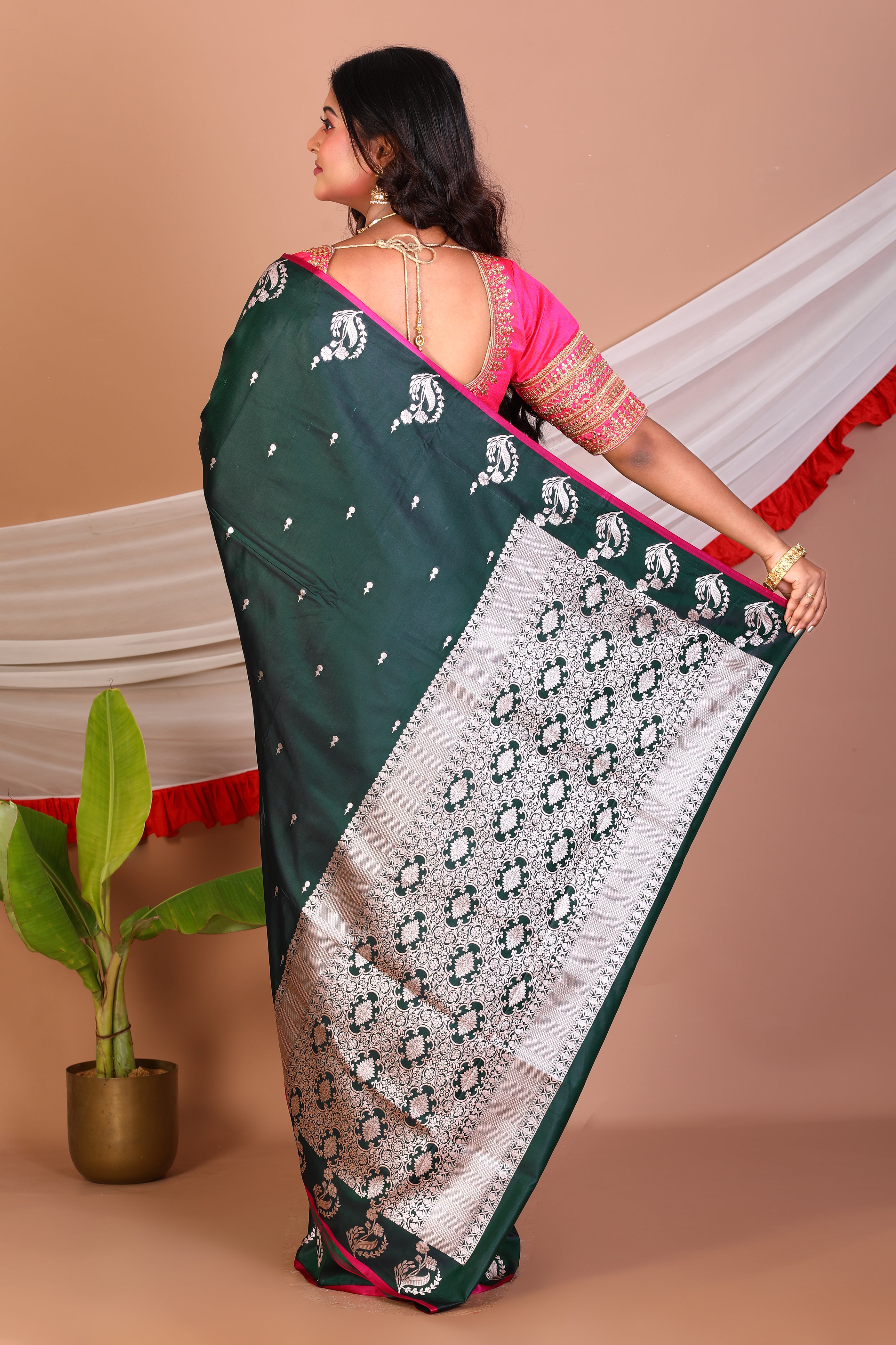 Bottle Green Blended Mashru Silk Saree - Keya Seth Exclusive